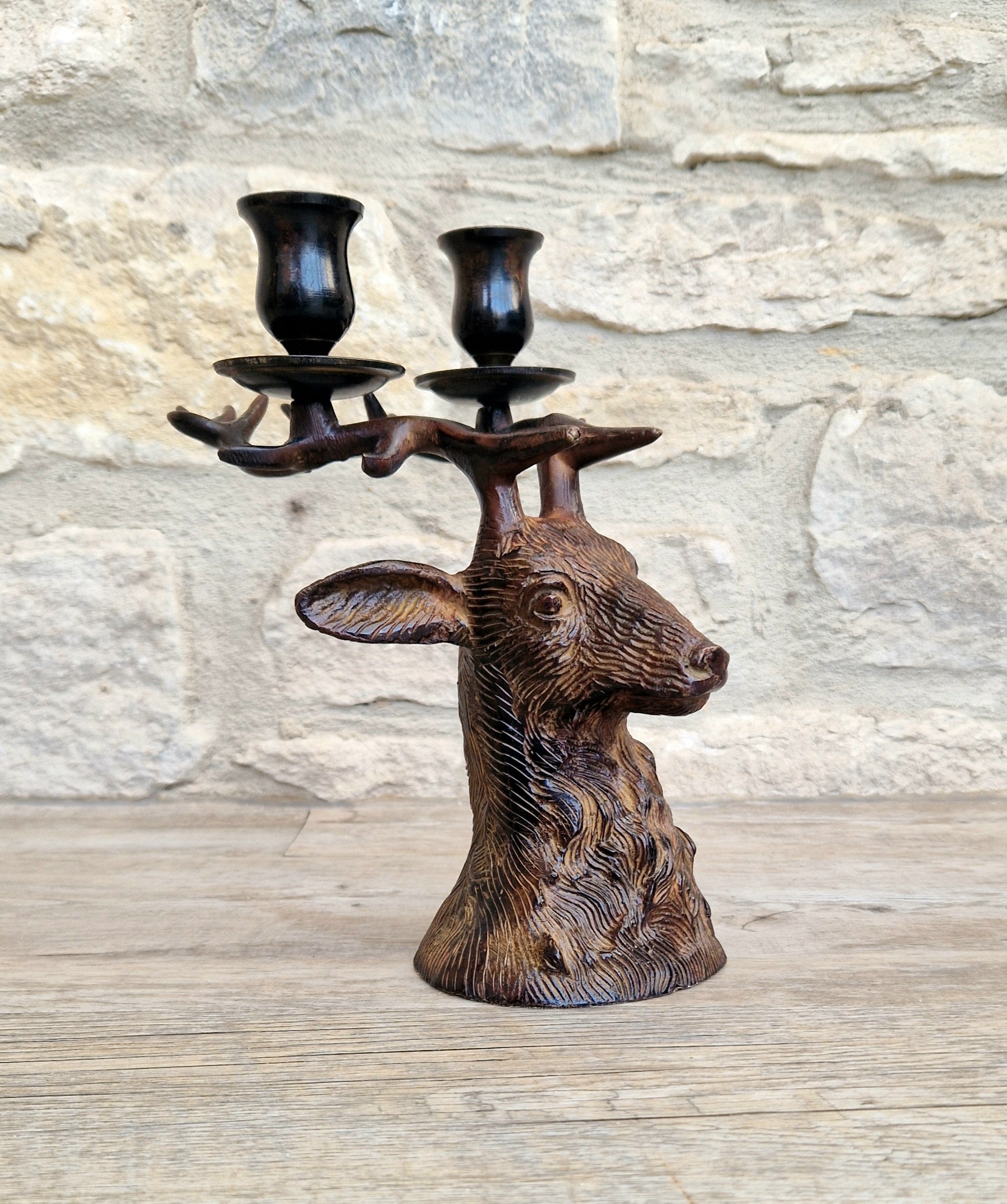 Vintage Heavy Patinated Bronze Stag Head Bust Double Candle Holder Table Decor