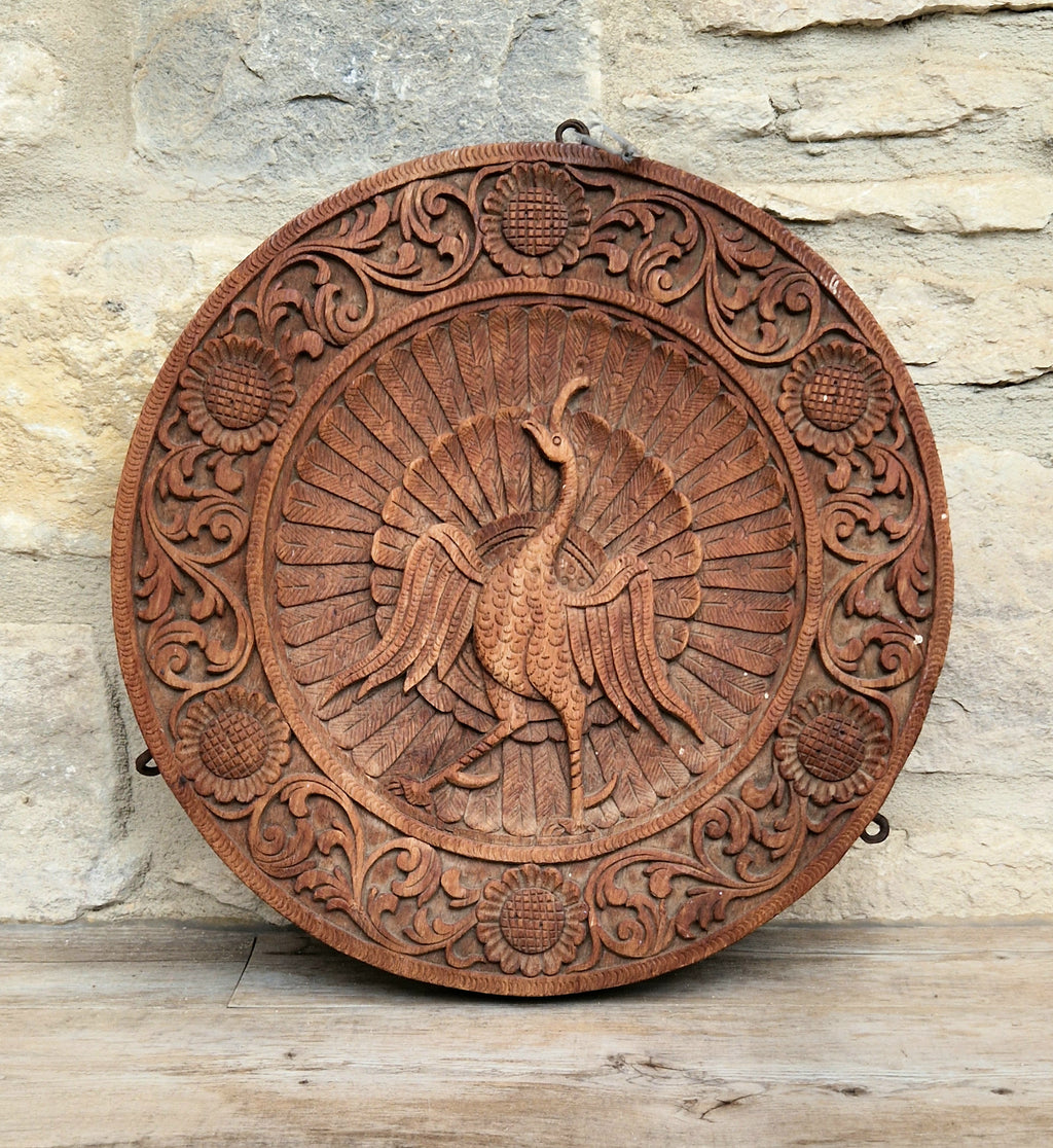 19th c. Colonial Anglo-Indian Hand-Carved Teak Wood Dancing Peacock Disc Panel 30cm
