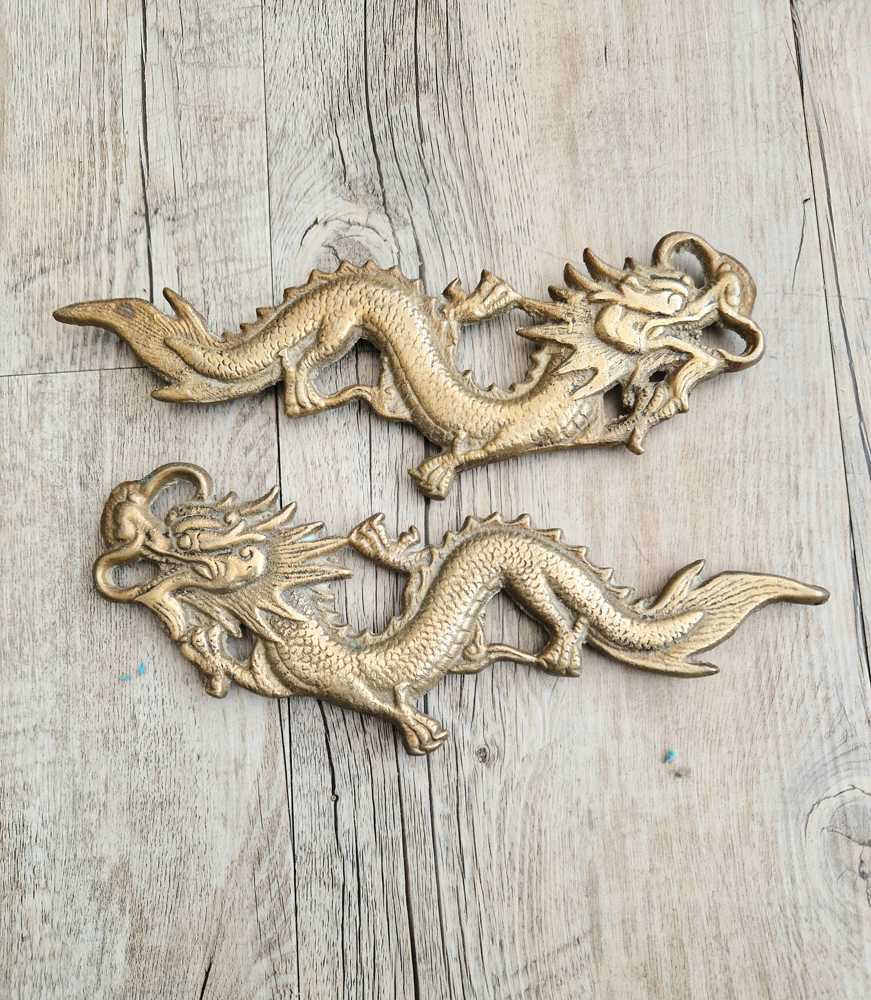Pair Of Antique Heavy Cast Brass Chinese Dragons Wall Decoration or Door Pulls 22cm