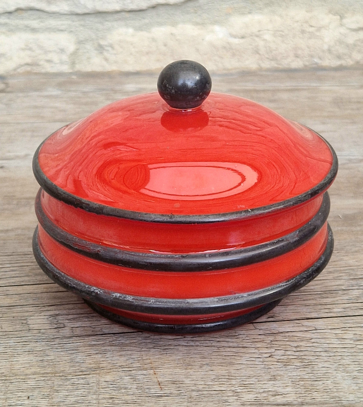 Art Deco Bohemian Red Black Hooped Glass Powder Box Covered Vanity Jar Jar Lid 12cm