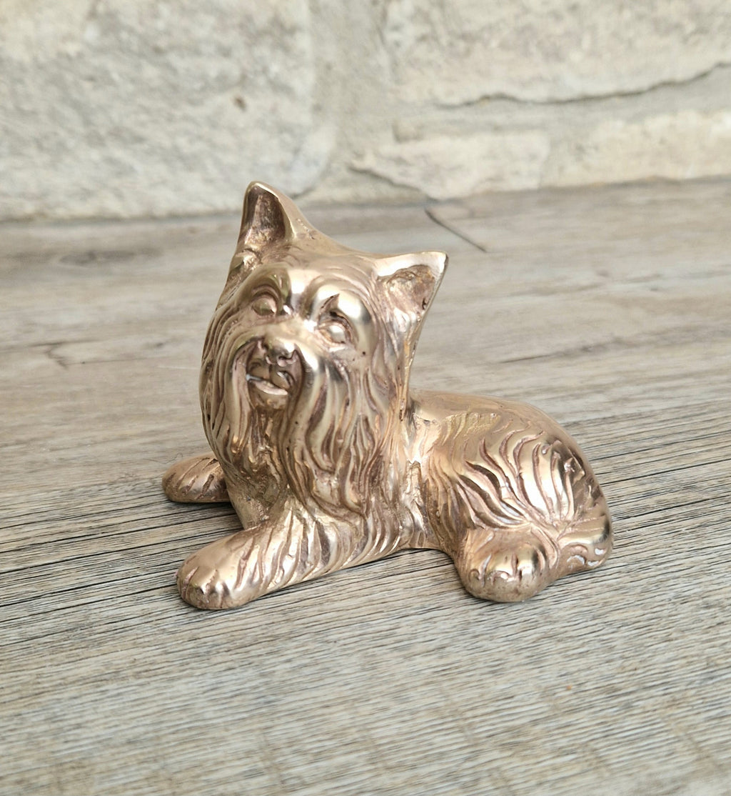 Vintage Solid Brass Yorkshire Terrier Figure Ornament 10cm