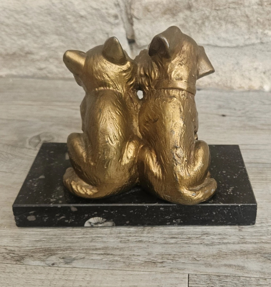 Antique Art Deco Spelter Cat and Dog Figurine on Black Marble Base 16cm X 8cm