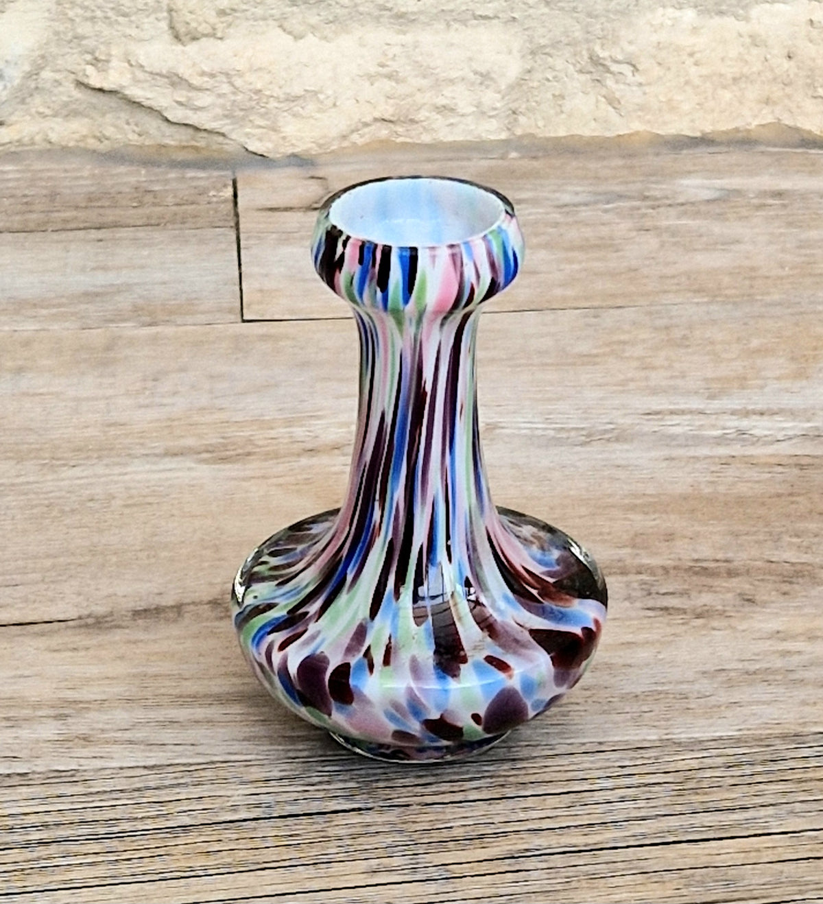 Vintage Murano Style Spatter Glass Miniature Posy Vase Mid Century Multicolored Harlequin Cased Art Glass