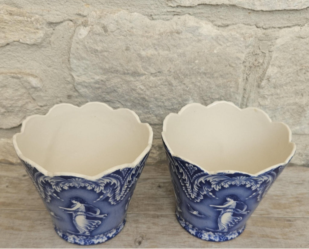 Vintage Pair Cache Pots Planters Blue & White Neoclassical Scalloped Edge Staffordshire Pottery England