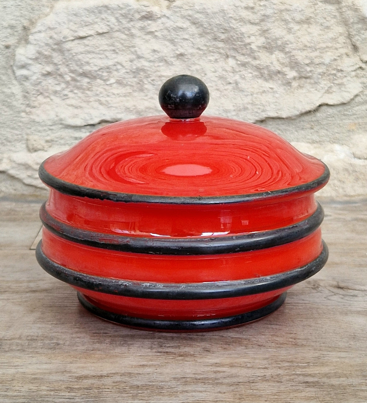 Art Deco Bohemian Red Black Hooped Glass Powder Box Covered Vanity Jar Jar Lid 12cm