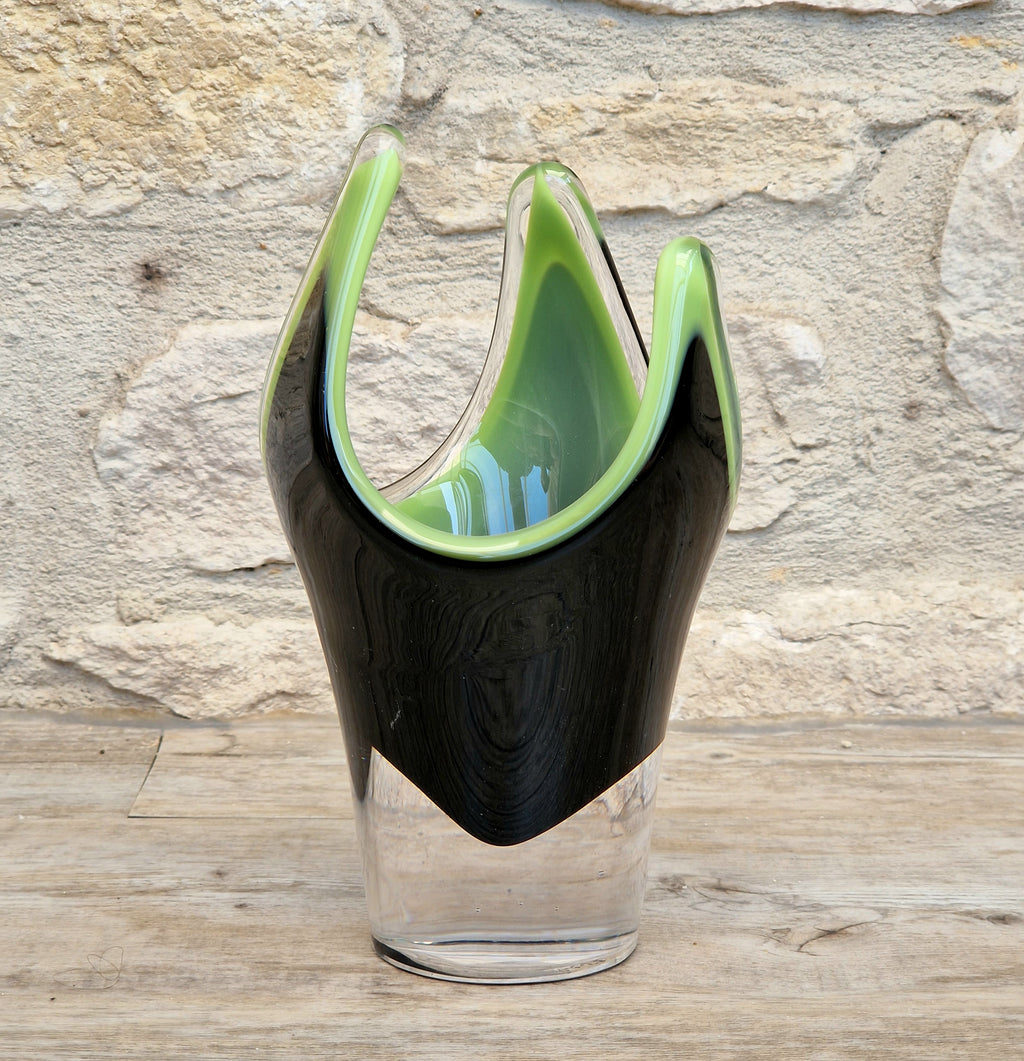 Reijmyre Harlequin Vase Black & Green Signed Paul Kedelv Art Glass, 1958