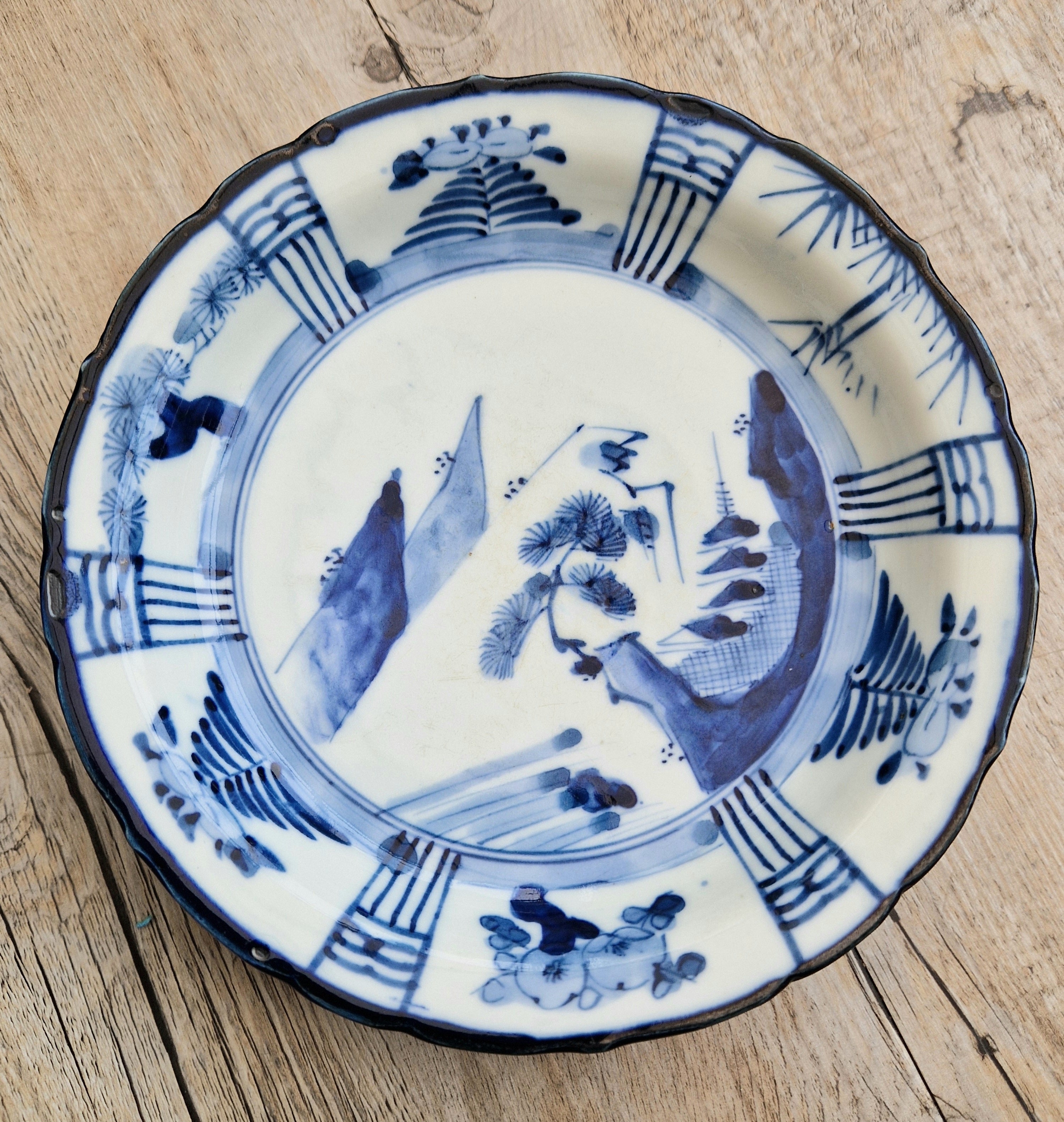 Japanese Ceramic Namasu-Zara Dish Blue & White Arita Edo 'Scholar's Retreat' Kraak Style Rare Antique
