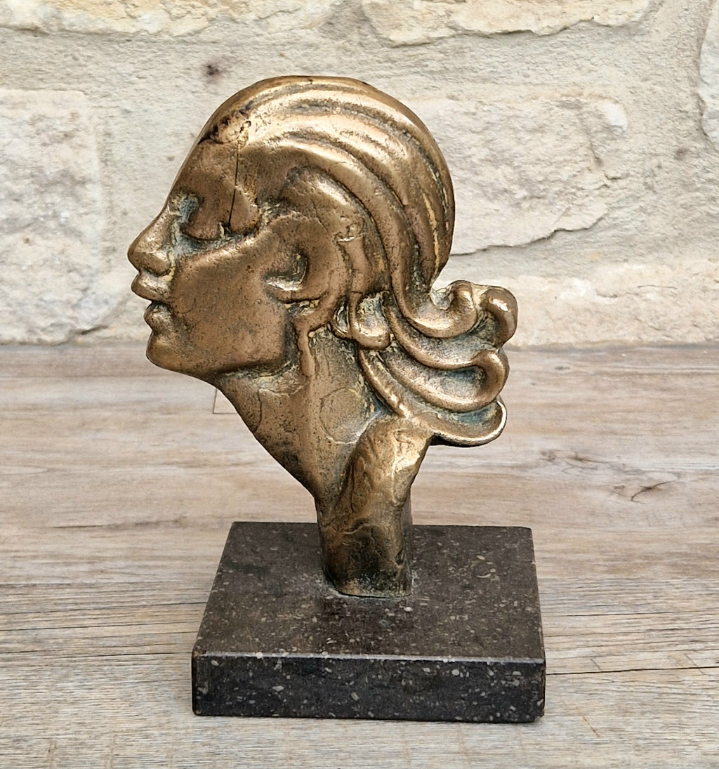 Art Deco Cast Bronze Girl's Head Profile Black Marble Mounted Desk Sculpture