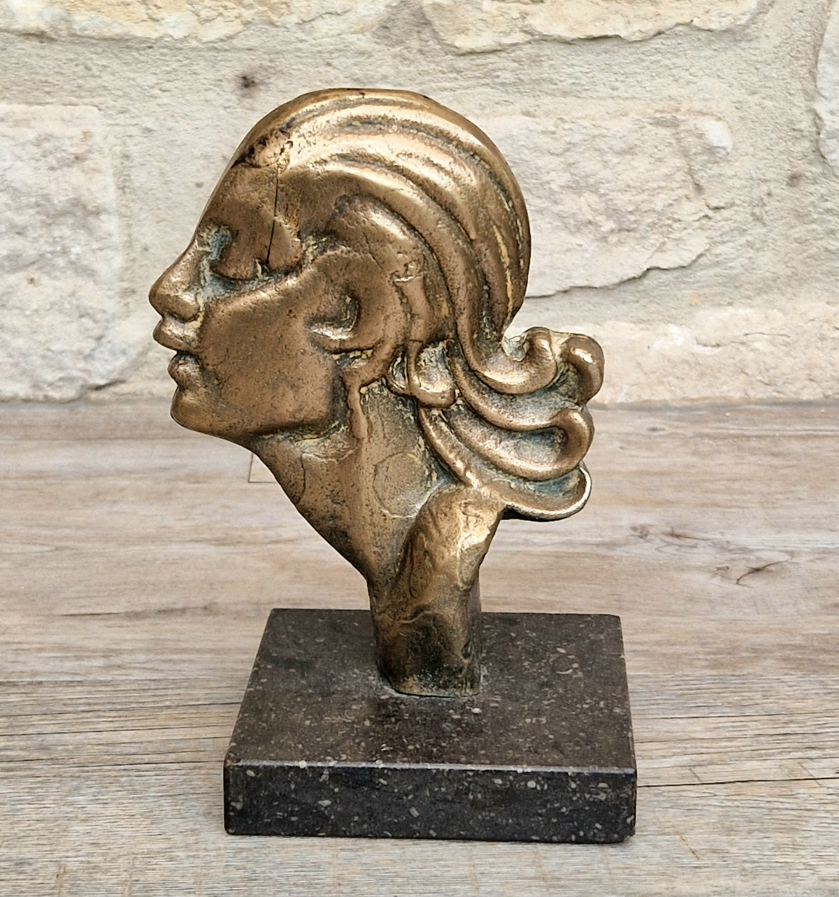 Art Deco Cast Bronze Girl's Head Profile Black Marble Mounted Desk Sculpture