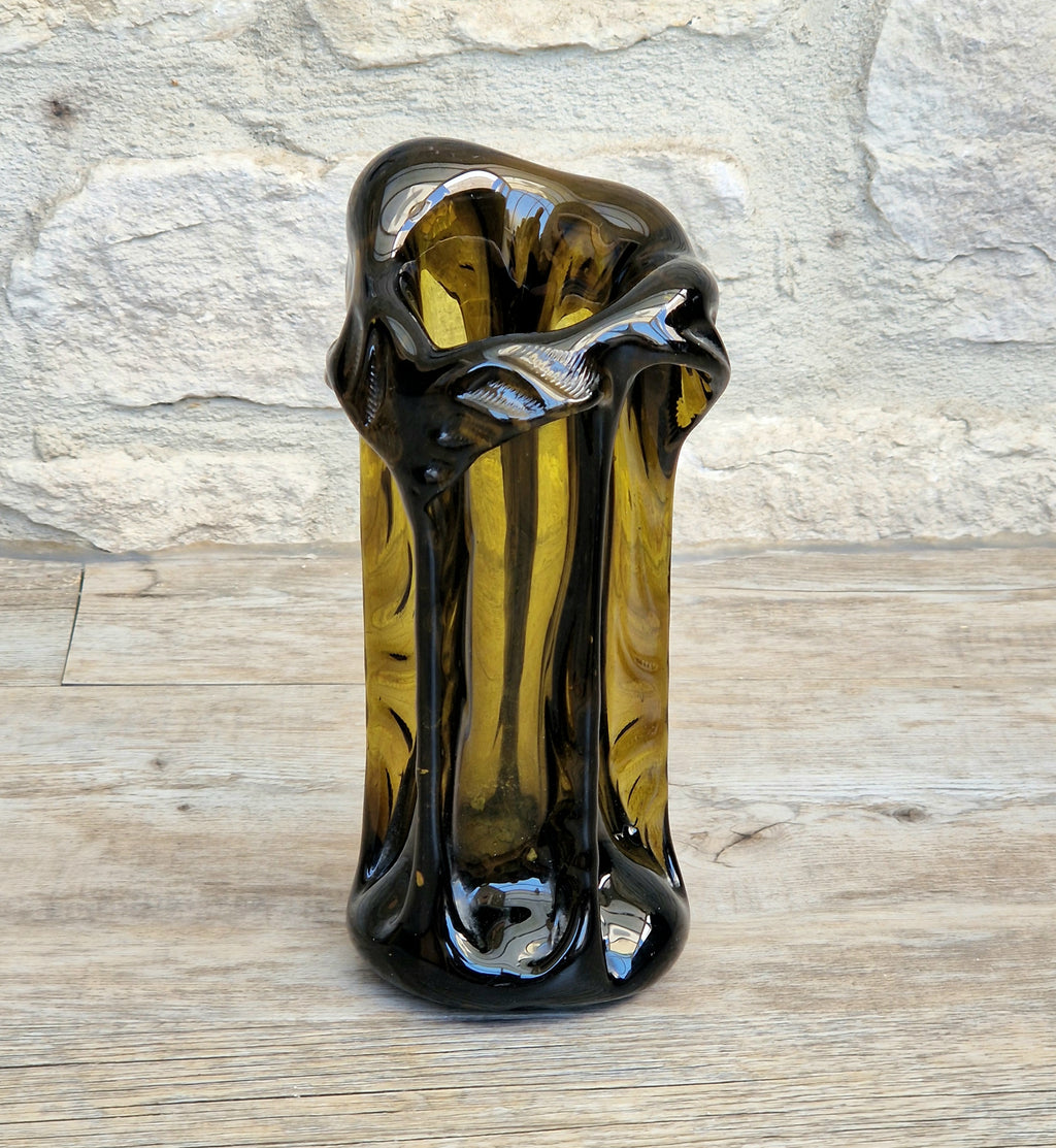 Vintage 1970s Polish Wołomin Hand Blown Smoked Amber Art Glass Pulled Freeform Ribbed Vase Rare Piece