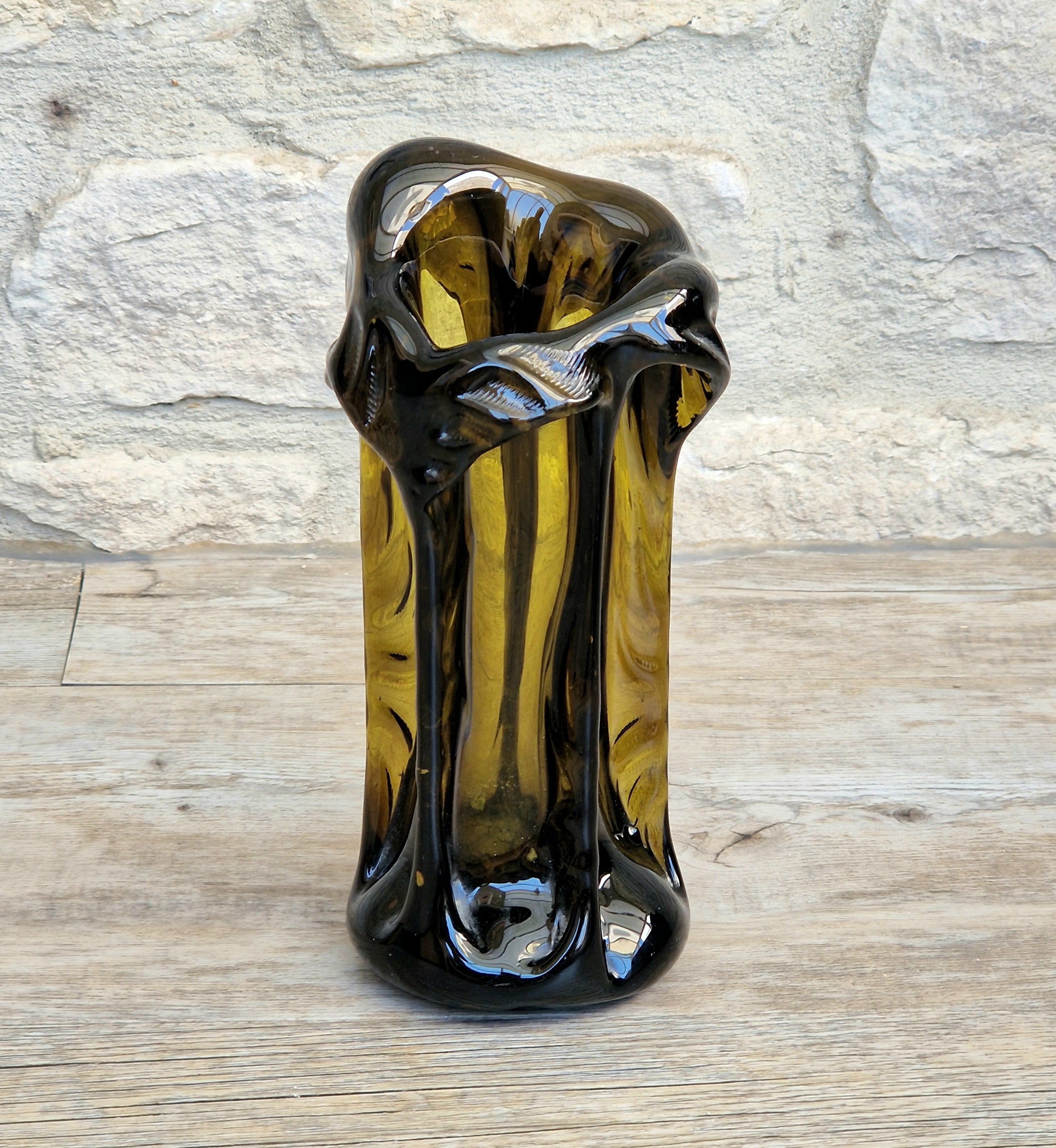Vintage 1970s Polish Wołomin Hand Blown Smoked Amber Art Glass Pulled Freeform Ribbed Vase Rare Piece