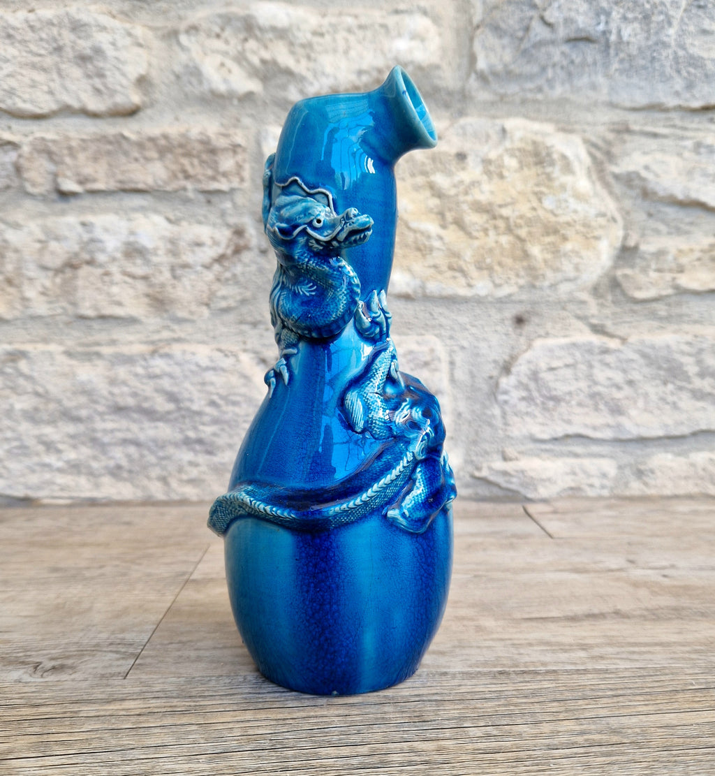 Antique Japanese Awaji Meiji Period Turquoise Pottery Dragon Bottle Vase