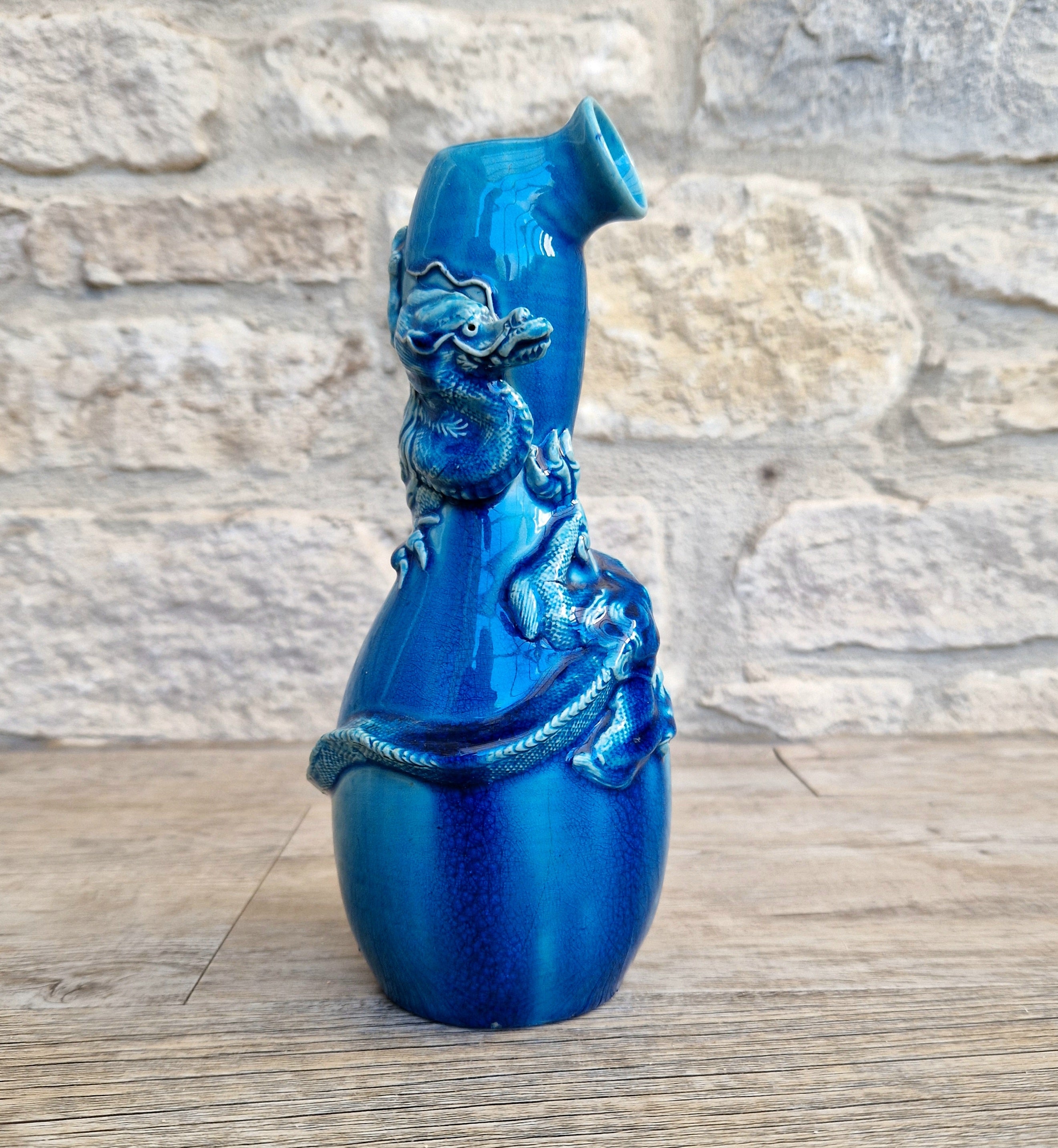 Antique Japanese Awaji Meiji Period Turquoise Pottery Dragon Bottle Vase