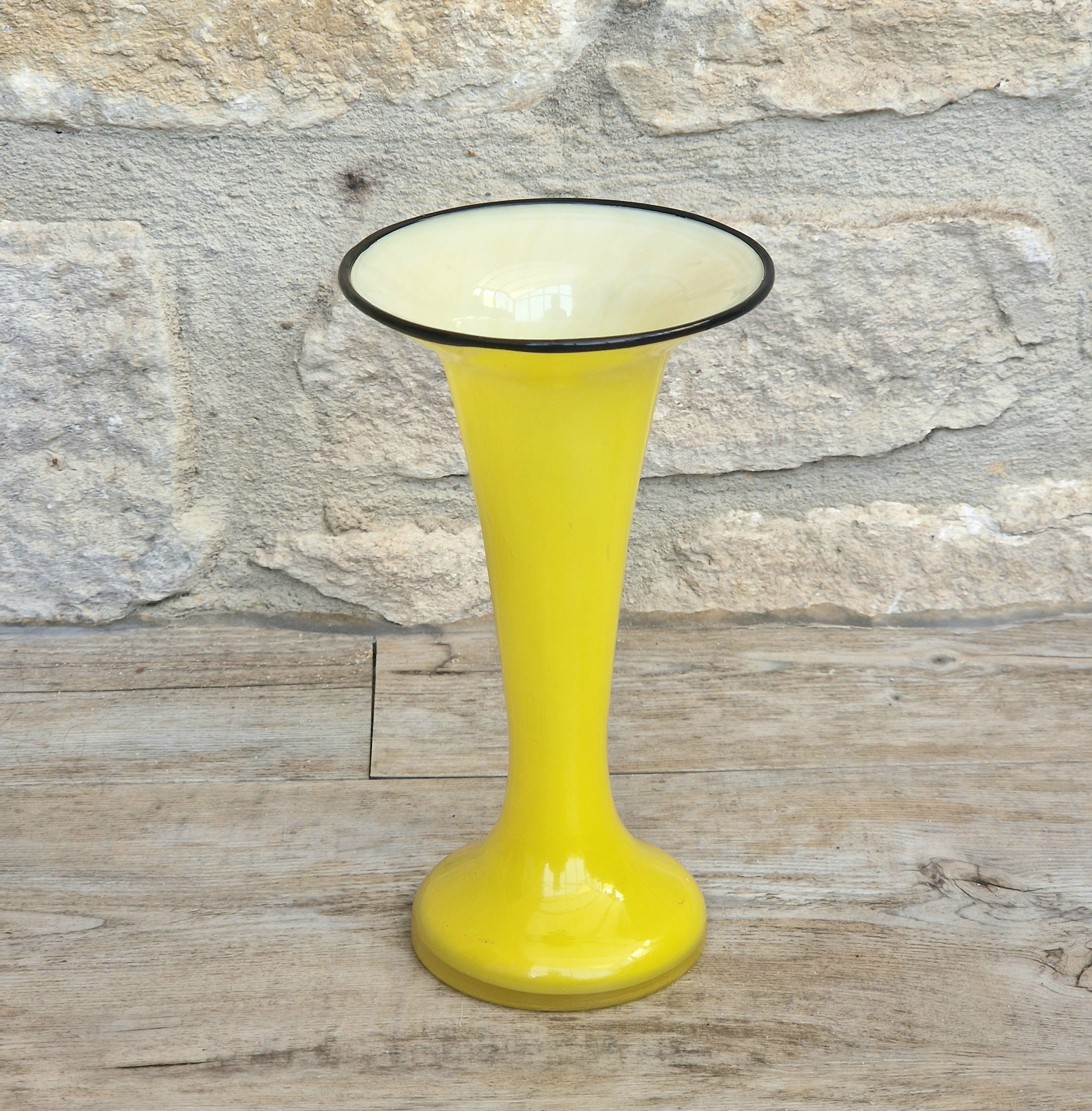 Vintage Bright Yellow Tango Glass Trumpet Vase with Black Rim 16cm