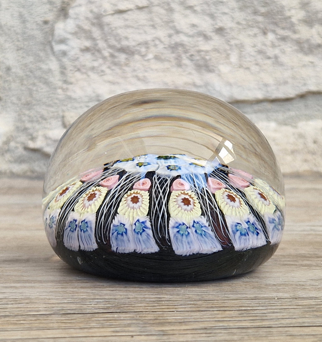 Strathearn Art Glass Paperweight 11 Spoke Millefiori with Filligree on Purple Ground Vintage