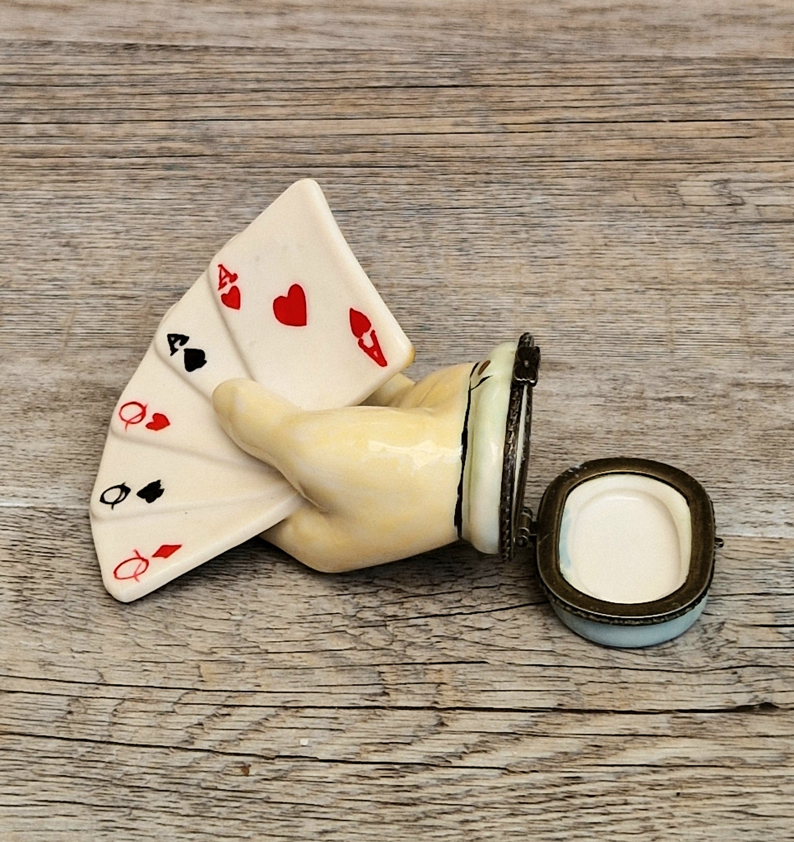 Vintage Rare Limoges Ceramic Poker Hand Full House Card Trinket Pill Box Casino