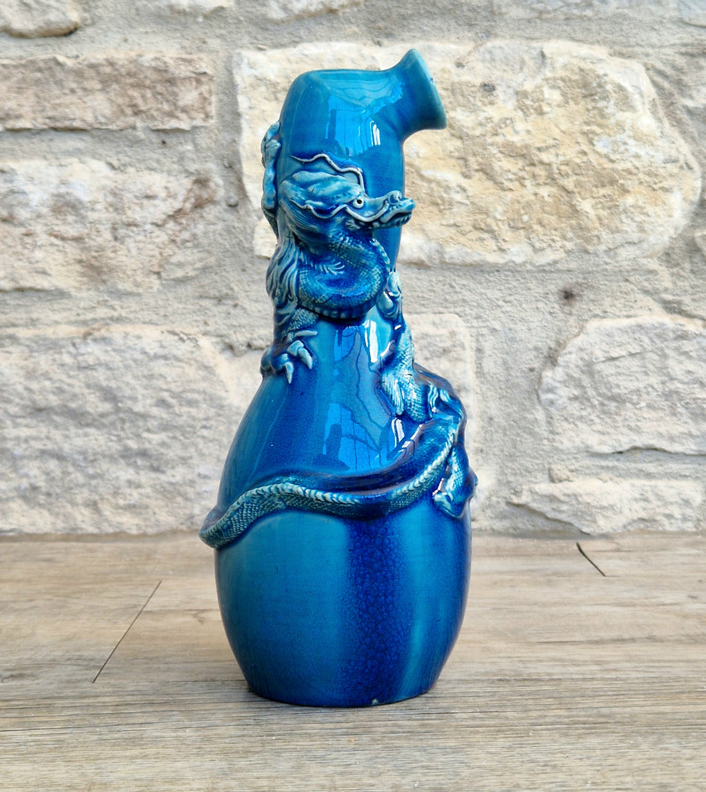 Antique Japanese Awaji Meiji Period Turquoise Pottery Dragon Bottle Vase