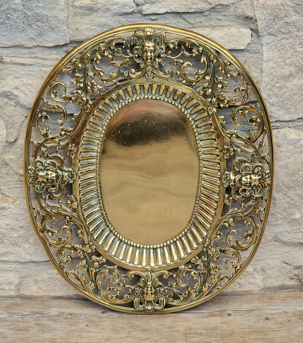 Antique 19thC Baroque Cast Brass Architectural Mount Appliqué Ornate Mascaron Filigree Vanity Card Tray Plate Hand-Tooled Pattern 1018