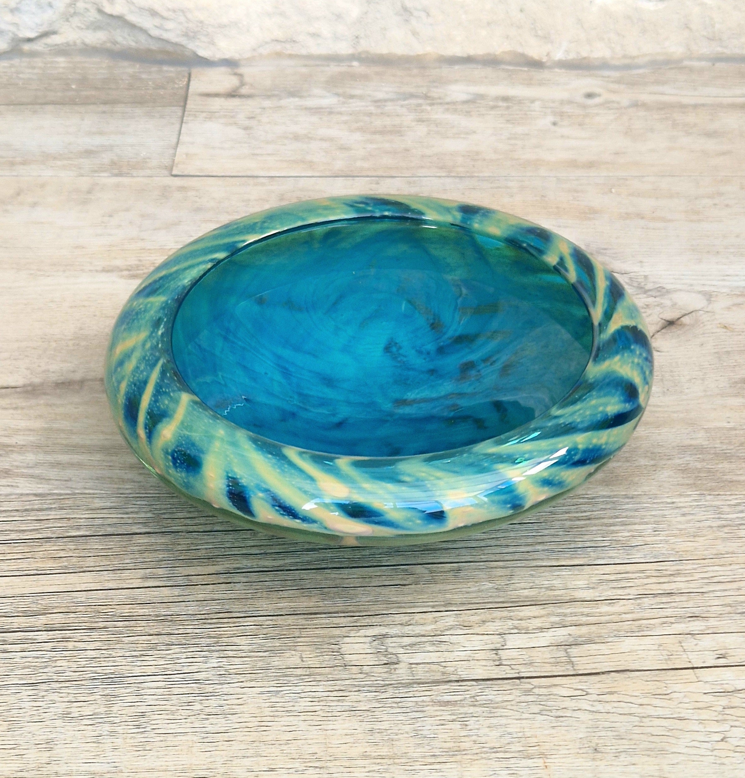 Mdina Glass Green Whirlpool Bowl Vintage 1970s Michael Harris Art Glass Malta