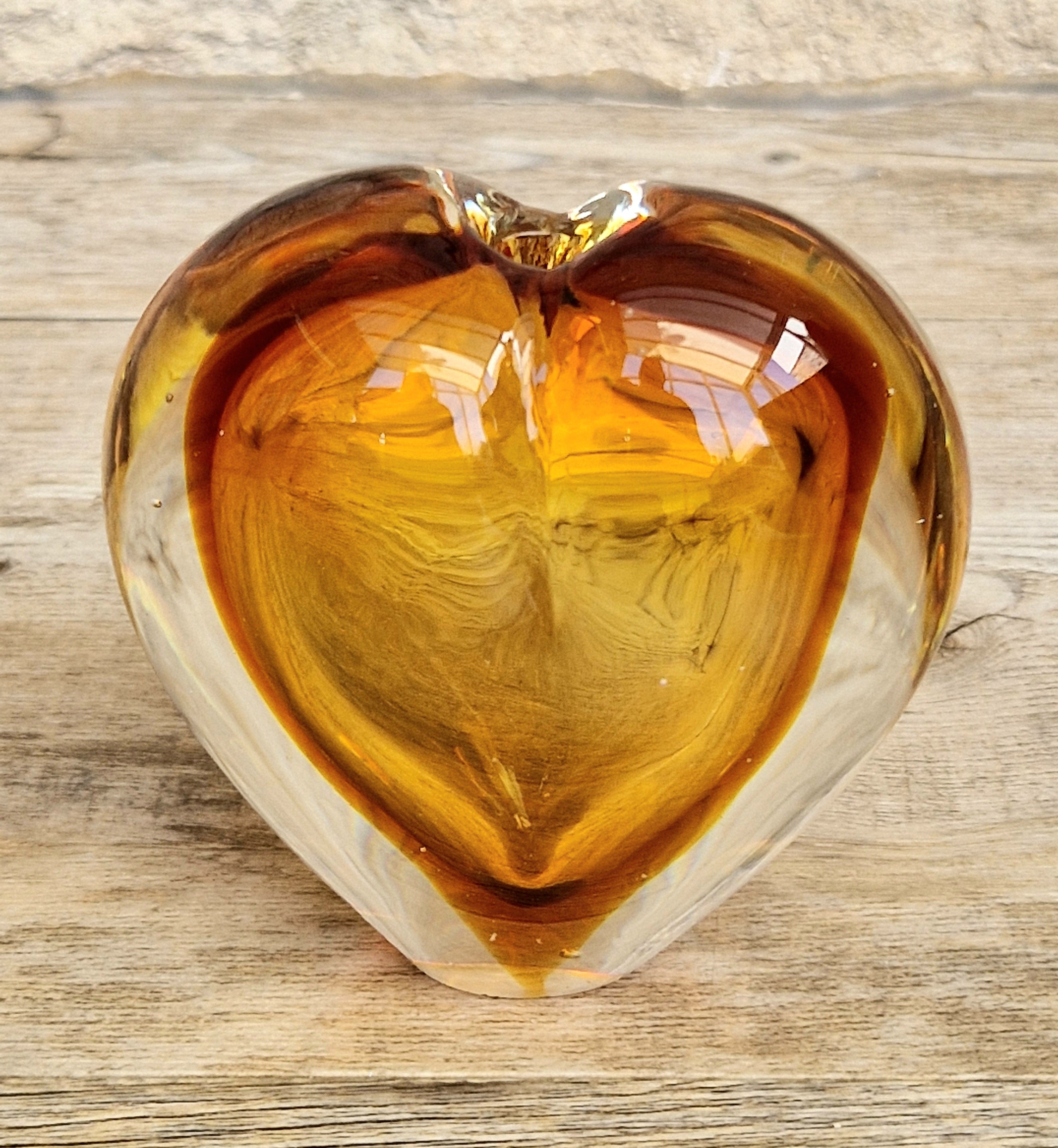 Vintage Mid Century Murano Sommerso Amber Art Glass Heart Vase Paperweight Seguso Sculptural Decor