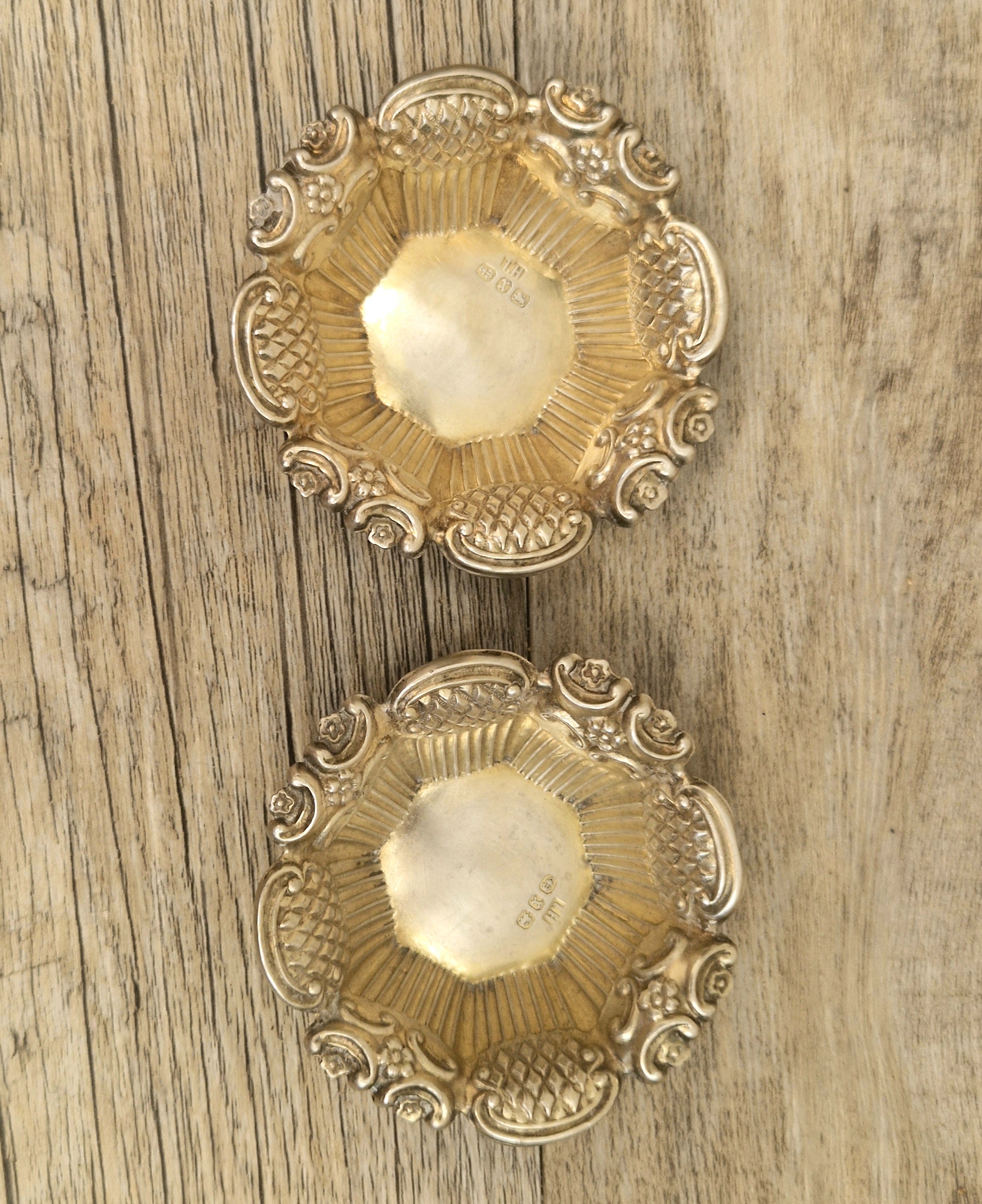 2 x 1897 Sterling Silver Ornate Open Salts by Thomas Hazlewood Birmingham England Antique