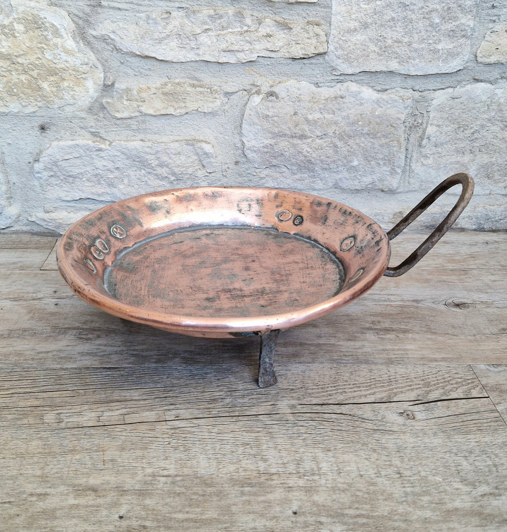 18th - 19th Century Copper & Iron Handle French Tripod Footed Tart Pan Rare Antique Kitchenalia