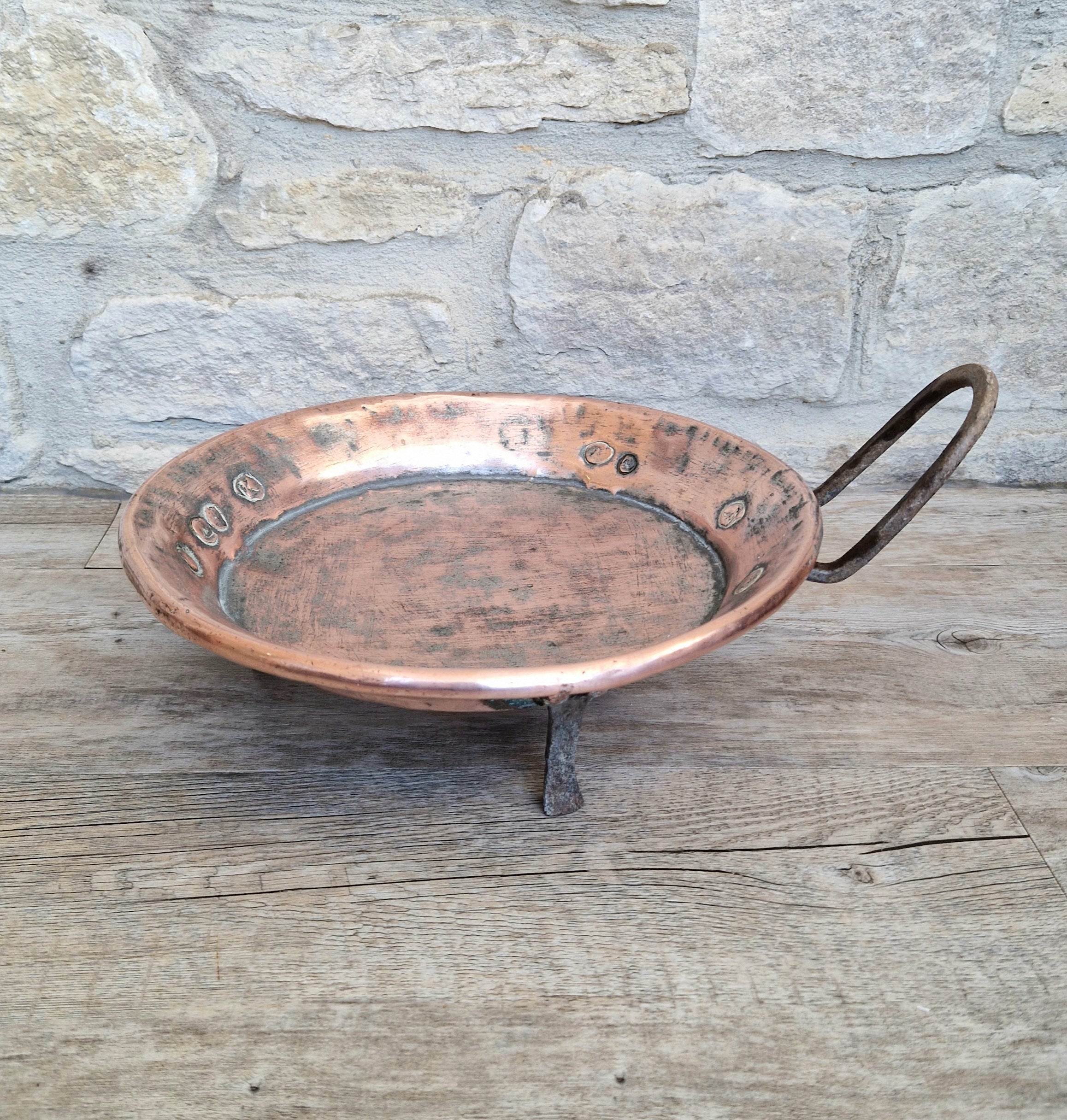18th - 19th Century Copper & Iron Handle French Tripod Footed Tart Pan Rare Antique Kitchenalia