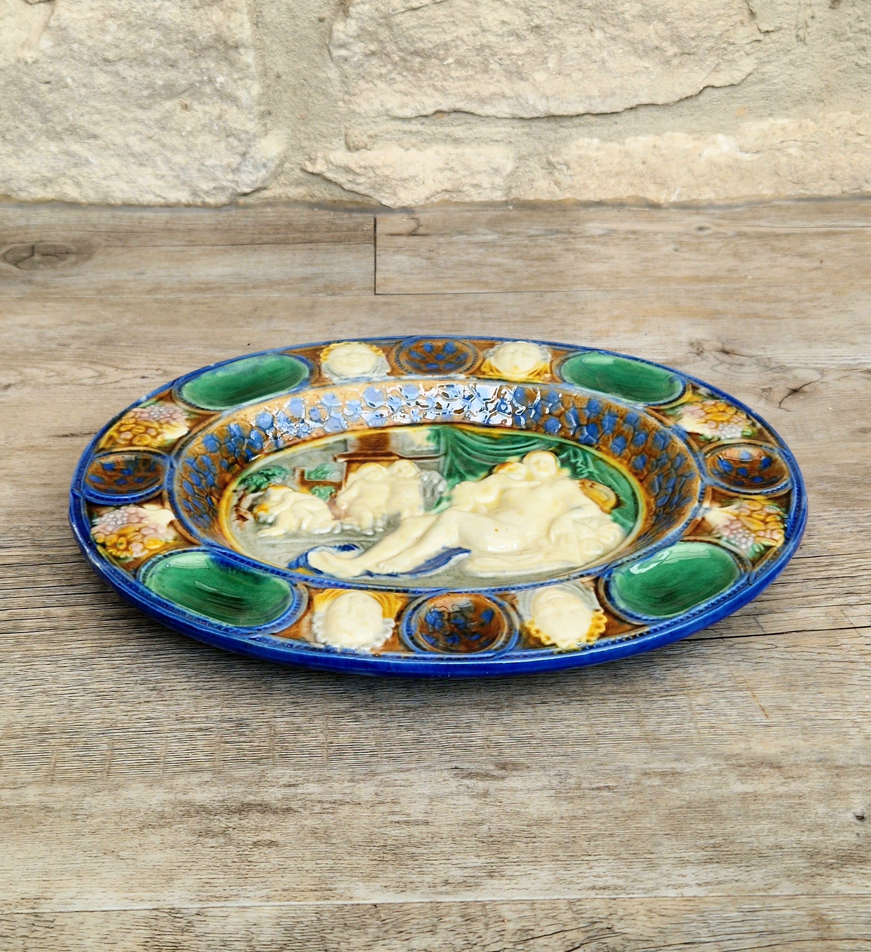 Antique Majolica Neoclassical Oval Serving Dish With Decorative Putti & Masks