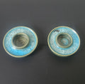 Handmade Pair of Turquoise Green Pottery Tea Light Candle Holders Crackle Glass Studio Pottery Unusual