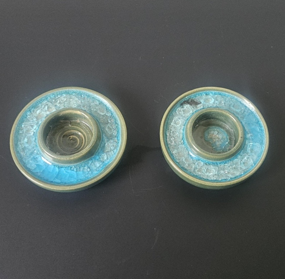 Handmade Pair of Turquoise Green Pottery Tea Light Candle Holders Crackle Glass Studio Pottery Unusual