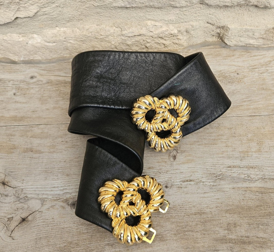 1980s Soft Black Leather Belt with Gold Metal Buckle 31" Long