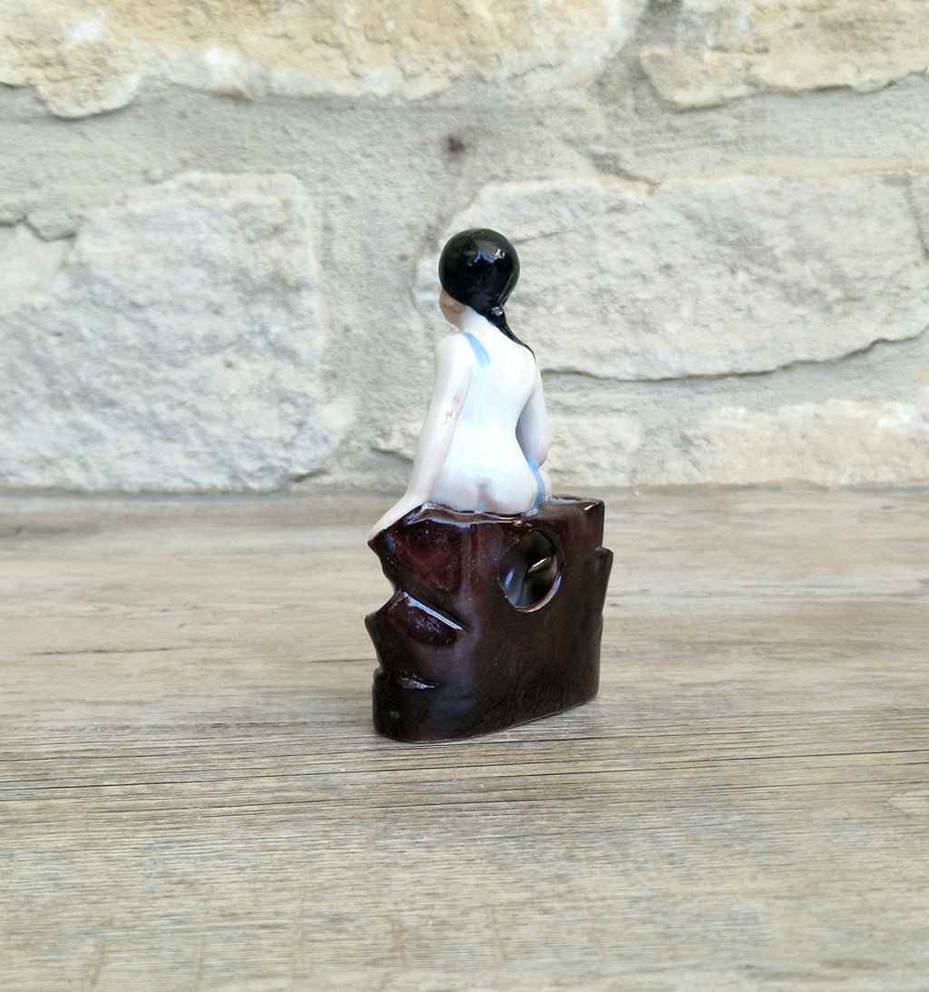 Art Deco Flapper Girl Bathing Belle Figure Ornament Ceramic Hat Pin Holder Continental 1930's