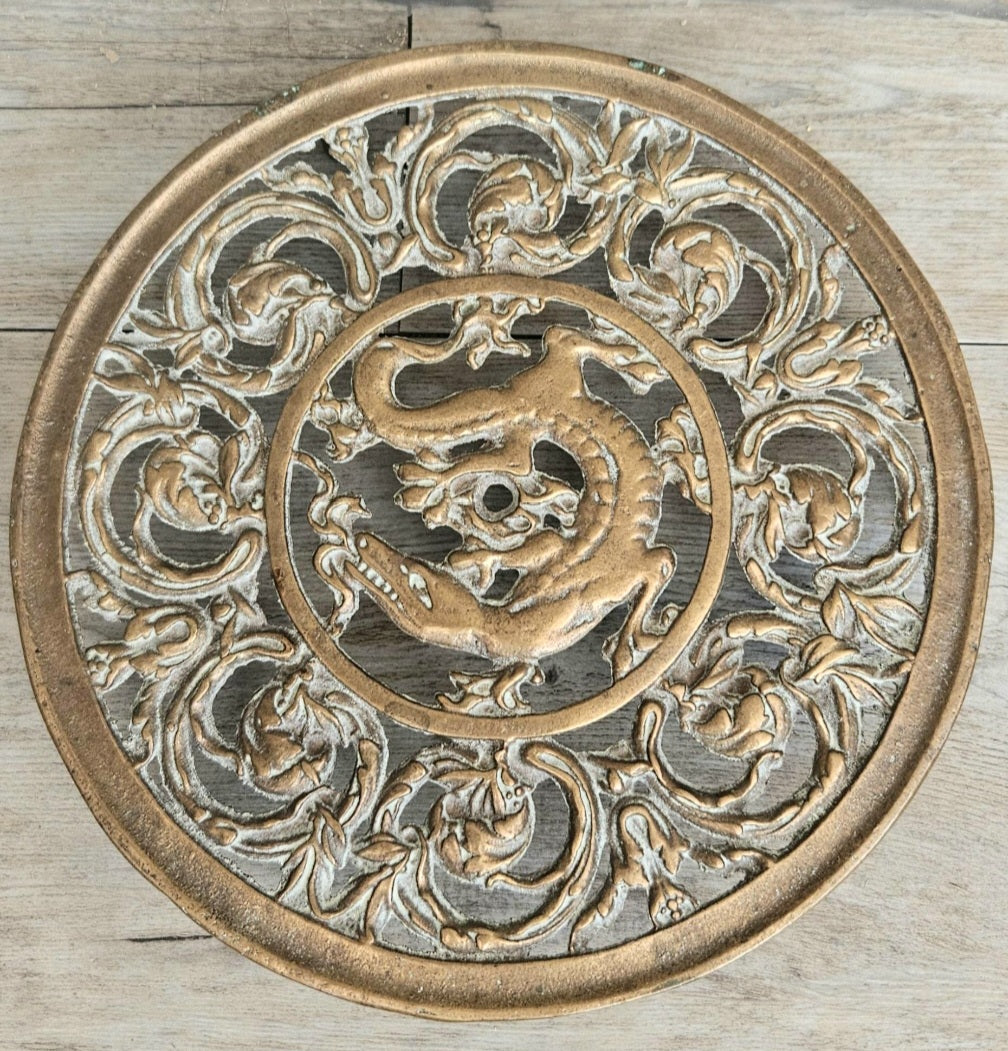Vintage Filligree Ornate Brass Dragon Round Trivet Stand 20cm Diameter