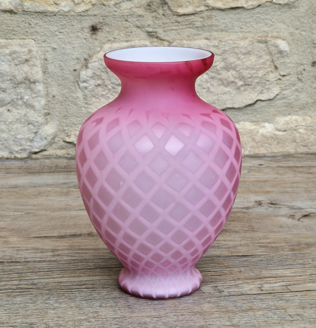 Antique Pink Satin Glass Vase - Victorian Diamond Quilted Mother of Pearl Art Glass - 19th Century Shaded Cranberry Cabinet Vase, Webb Style