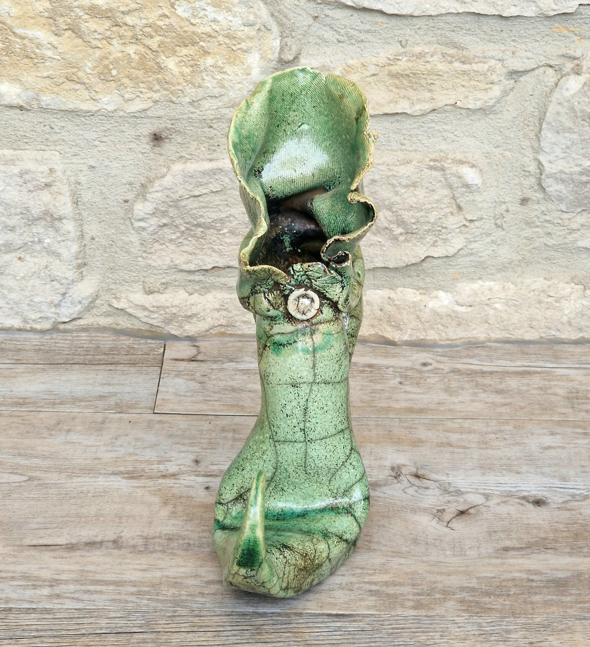 Vintage Ceramic Witches Boot Art Ornament, Green Crackle Glaze, Whimsical Handmade Style, Gothic Decorative Sculpture
