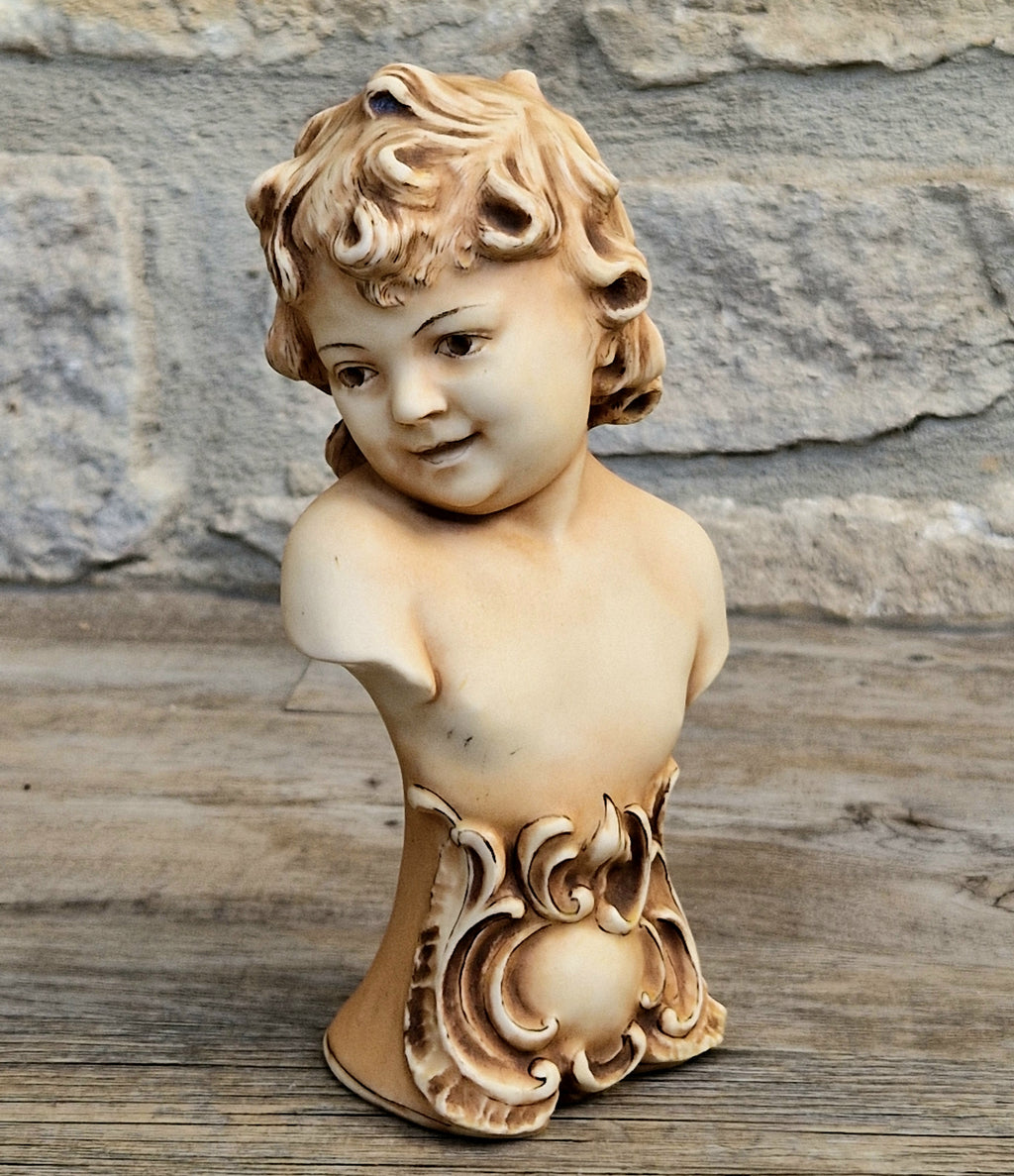 Antique NeoClassical Continental Patinated Bisque Porcelain Putti Child Bust Figure Ornament