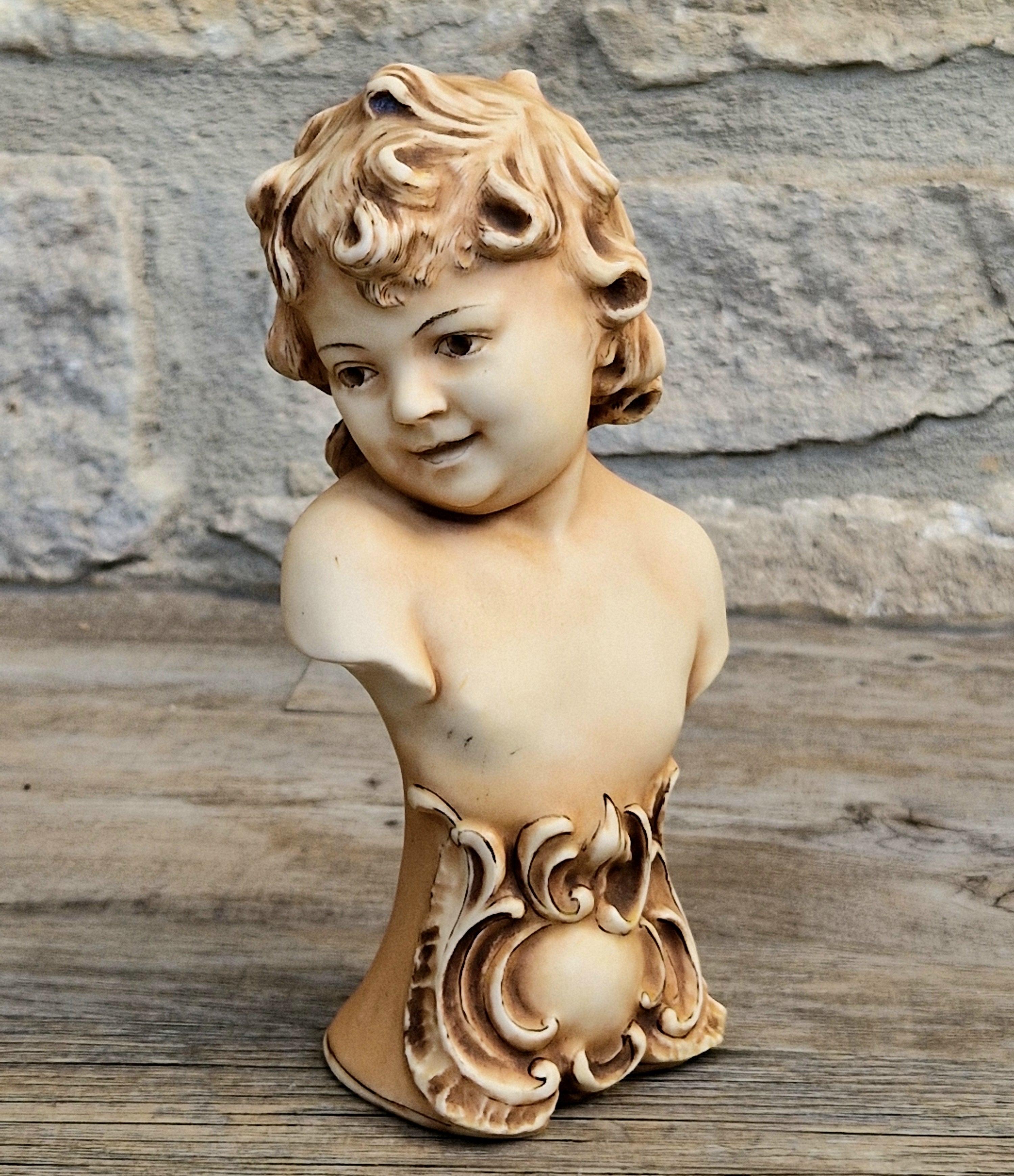 Antique NeoClassical Continental Patinated Bisque Porcelain Putti Child Bust Figure Ornament