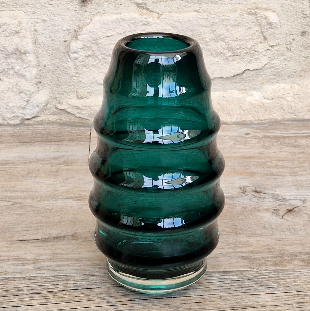 Midcentury Scandinavian Modern Hooped Vase Green Glass Magnor Norway, 1960