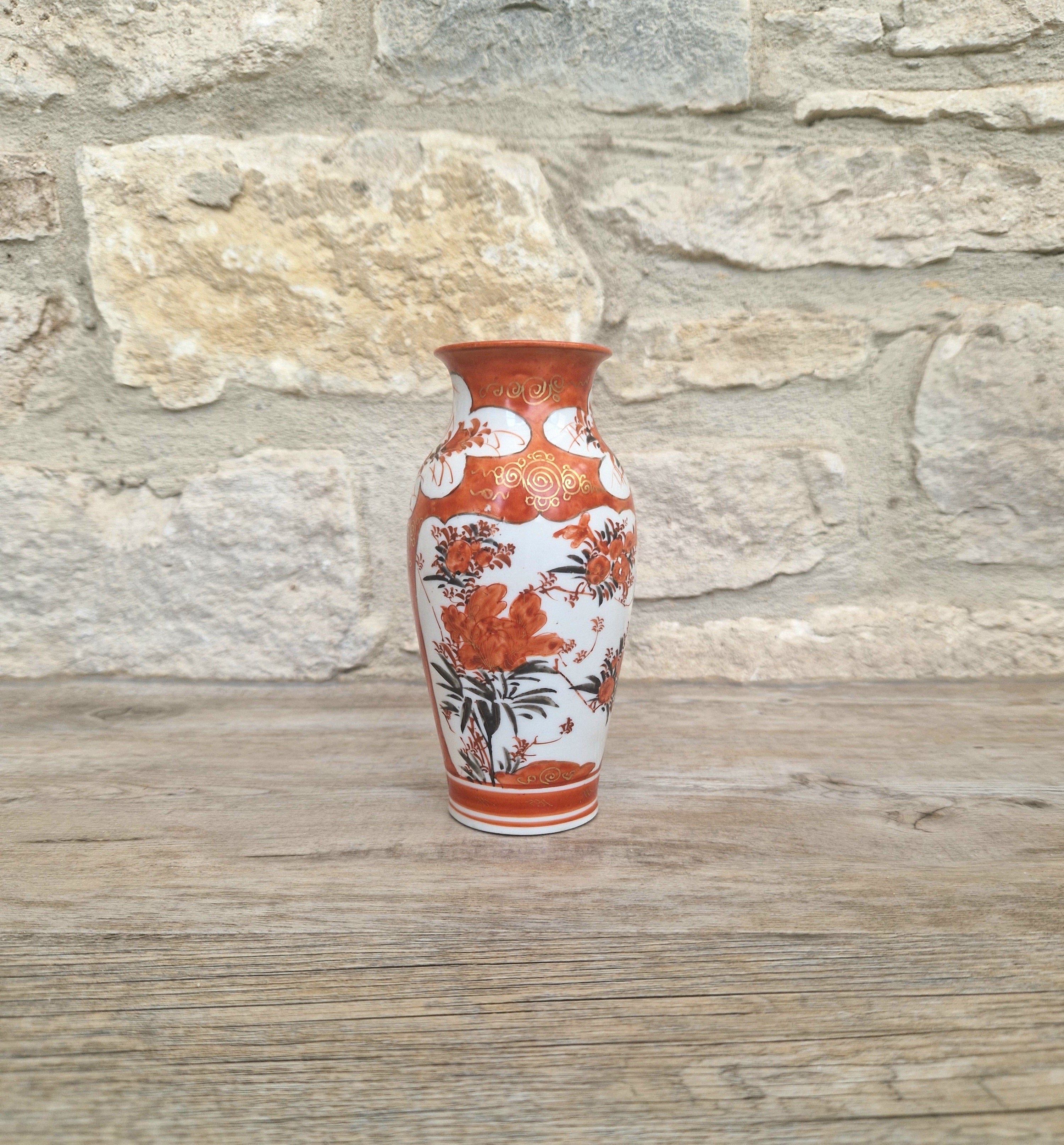 Small Antique Meiji Red Ground Gold Floral Hand-Painted Kutani Vase