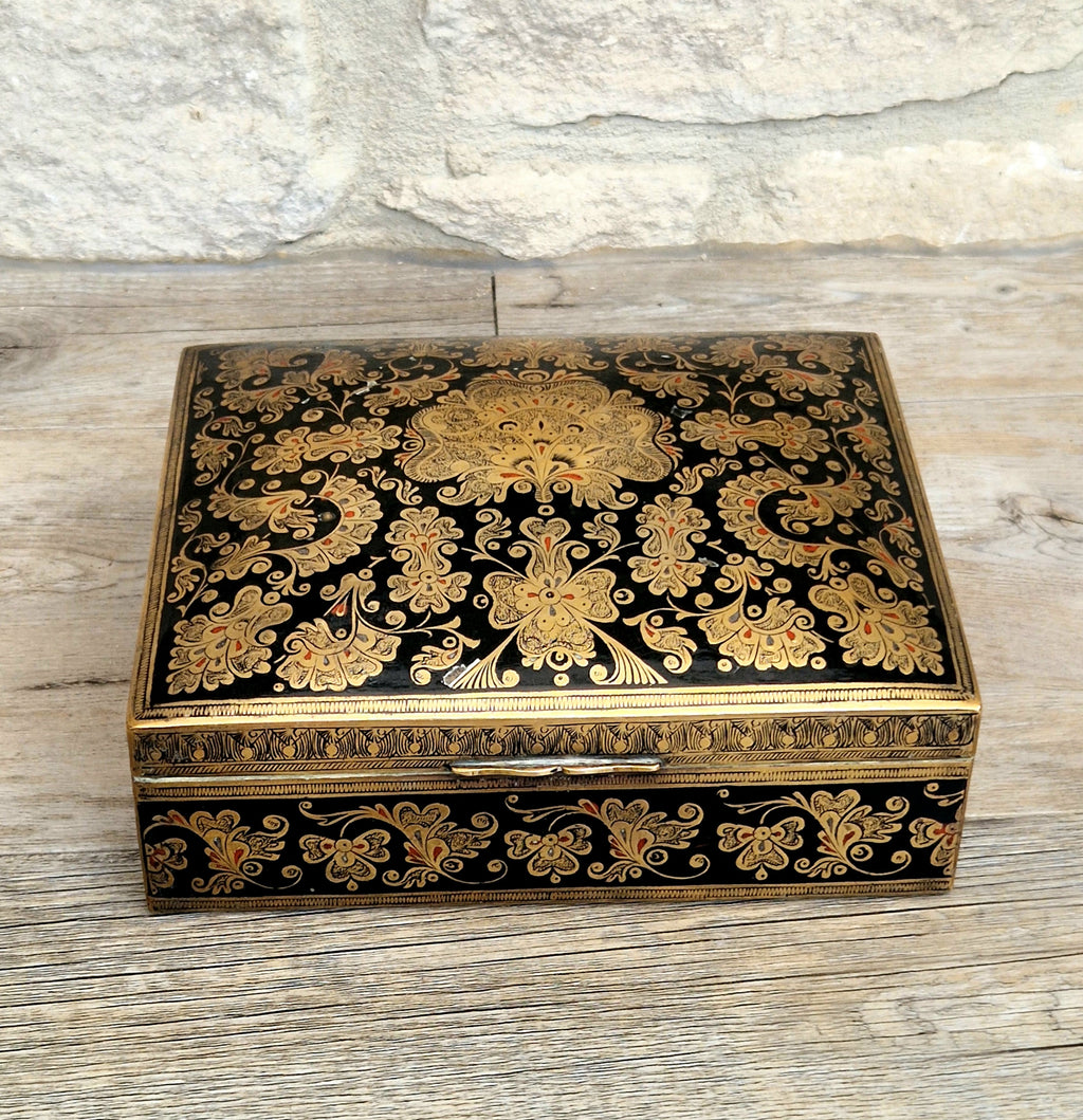 Vintage Brass Black Enamelled Large Ornate Teak-Lined Desk Cigar Box