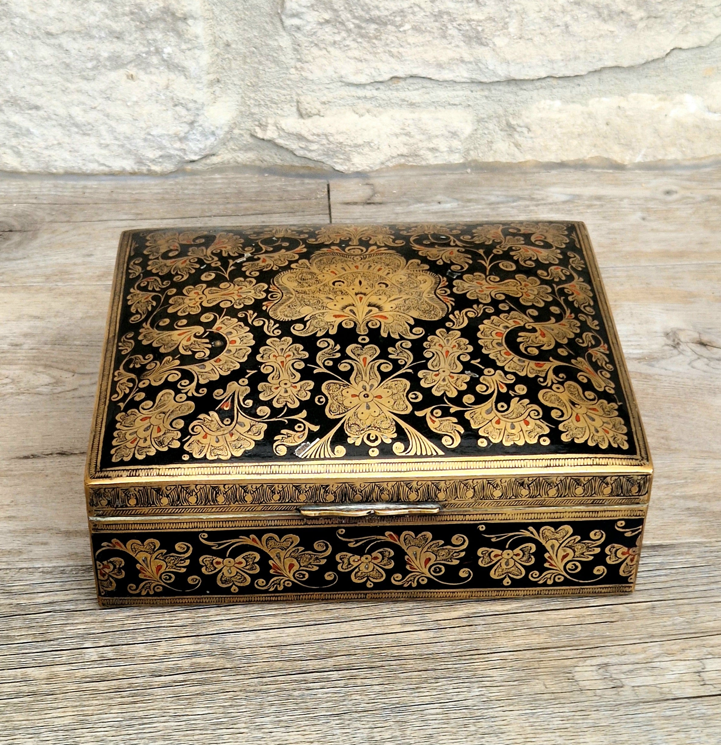Vintage Brass Black Enamelled Large Ornate Teak-Lined Desk Cigar Box