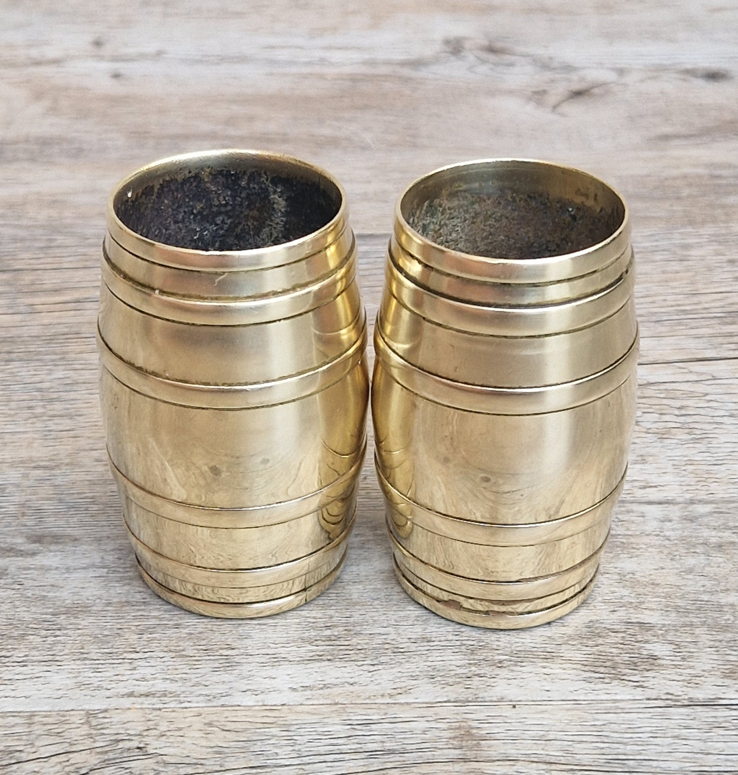 Pair of Vintage Brass Bound Barrel Table Match Holders Desk Pen Holders