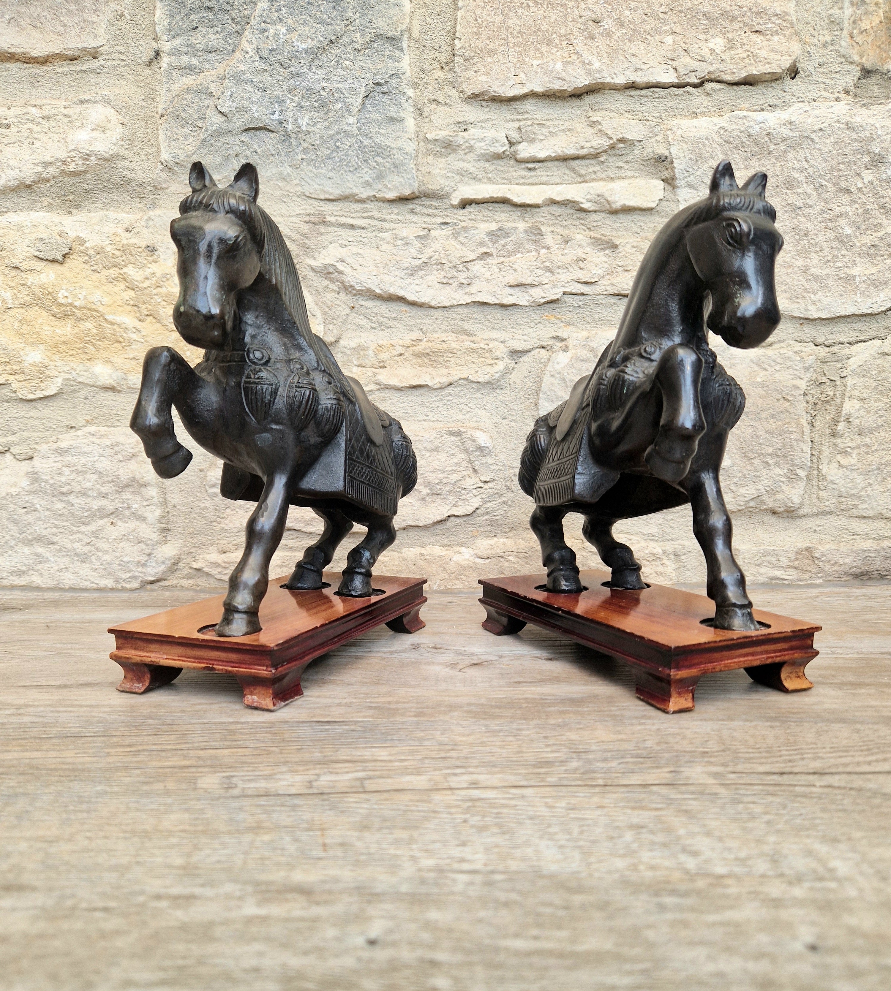 Fine Pair of Vintage Heavy Cast Bronze Tang-Style Chinese Horse Sculptures On Wooden Plinths