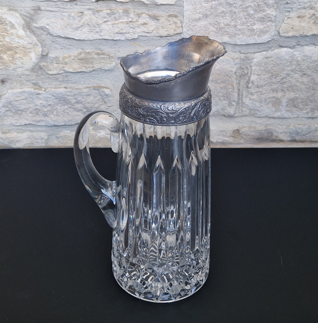 English Heavy Cut Glass & Pewter Water Pitcher Circa 1890 Antique Crystal