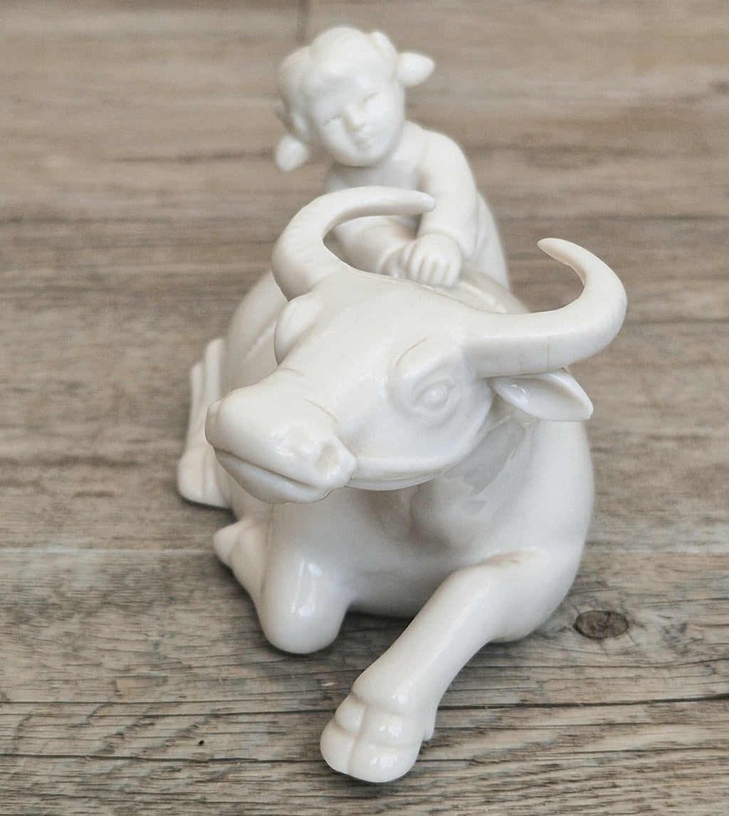Vintage Chinese Blanc De Chine Porcelain Figurine Girl Riding Water Buffalo Ox Ceramic Home Ornament