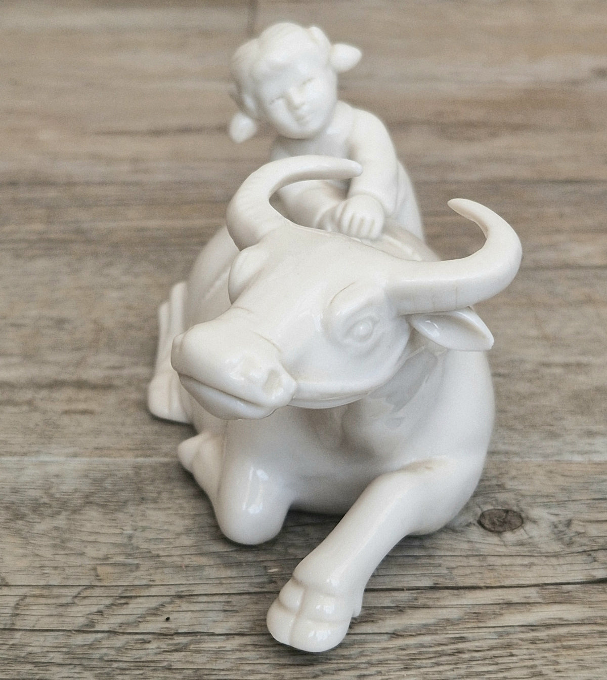 Vintage Chinese Blanc De Chine Porcelain Figurine Girl Riding Water Buffalo Ox Ceramic Home Ornament