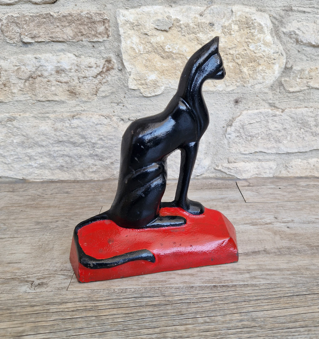 Antique Rare Cast Iron Art Deco Black Sitting Cat Doorstop