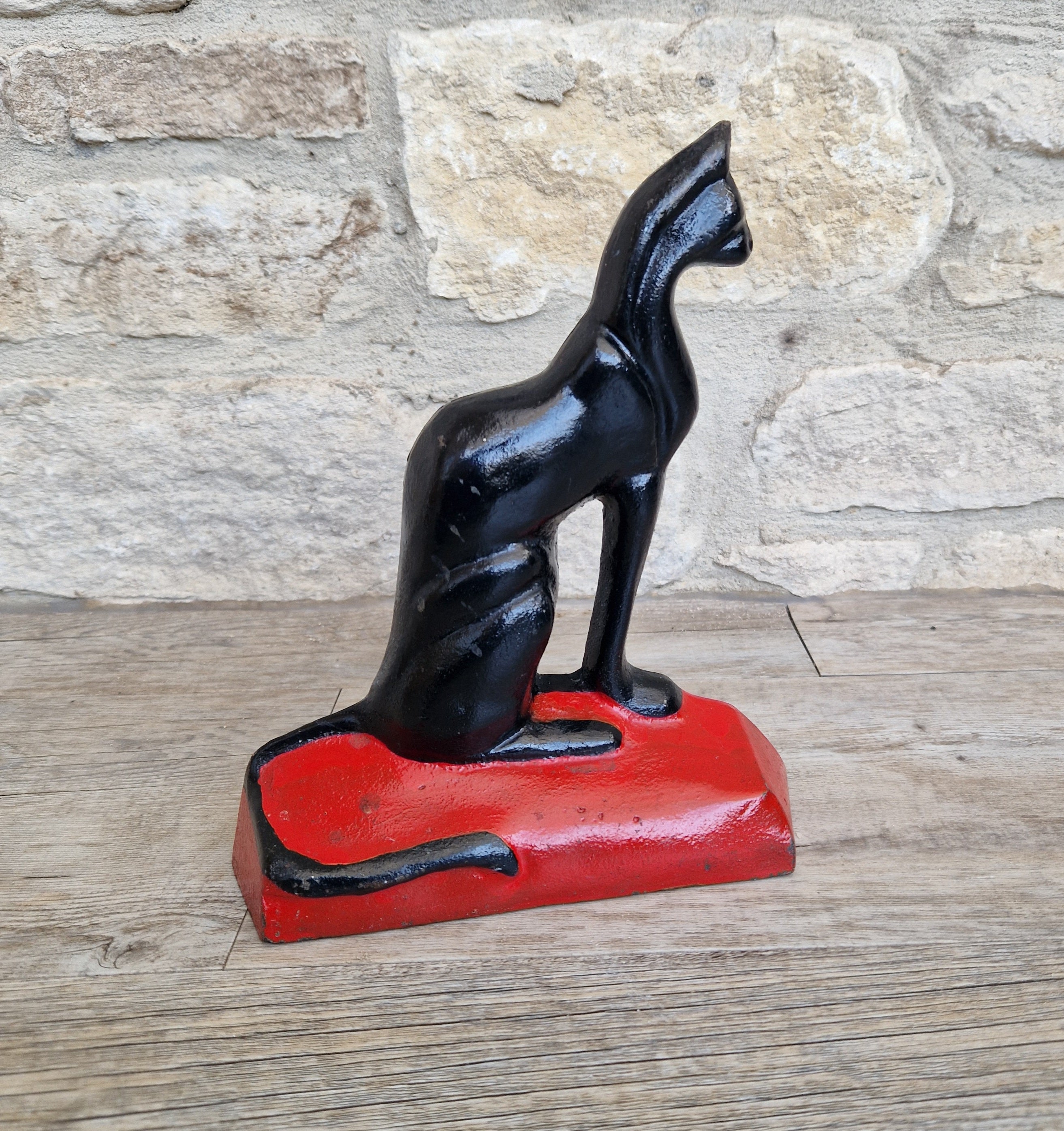 Antique Rare Cast Iron Art Deco Black Sitting Cat Doorstop