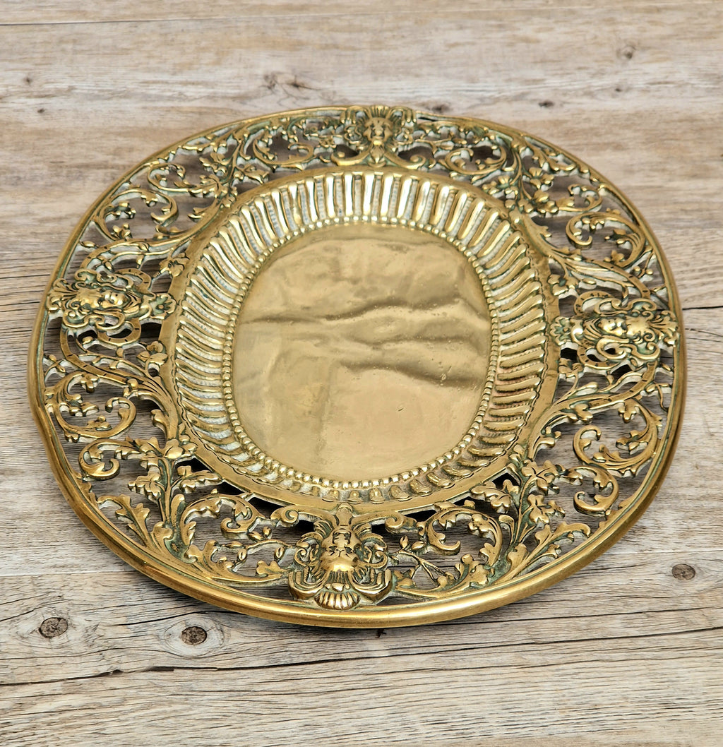 Antique 19thC Baroque Cast Brass Architectural Mount Appliqué Ornate Mascaron Filigree Vanity Card Tray Plate Hand-Tooled Pattern 1018