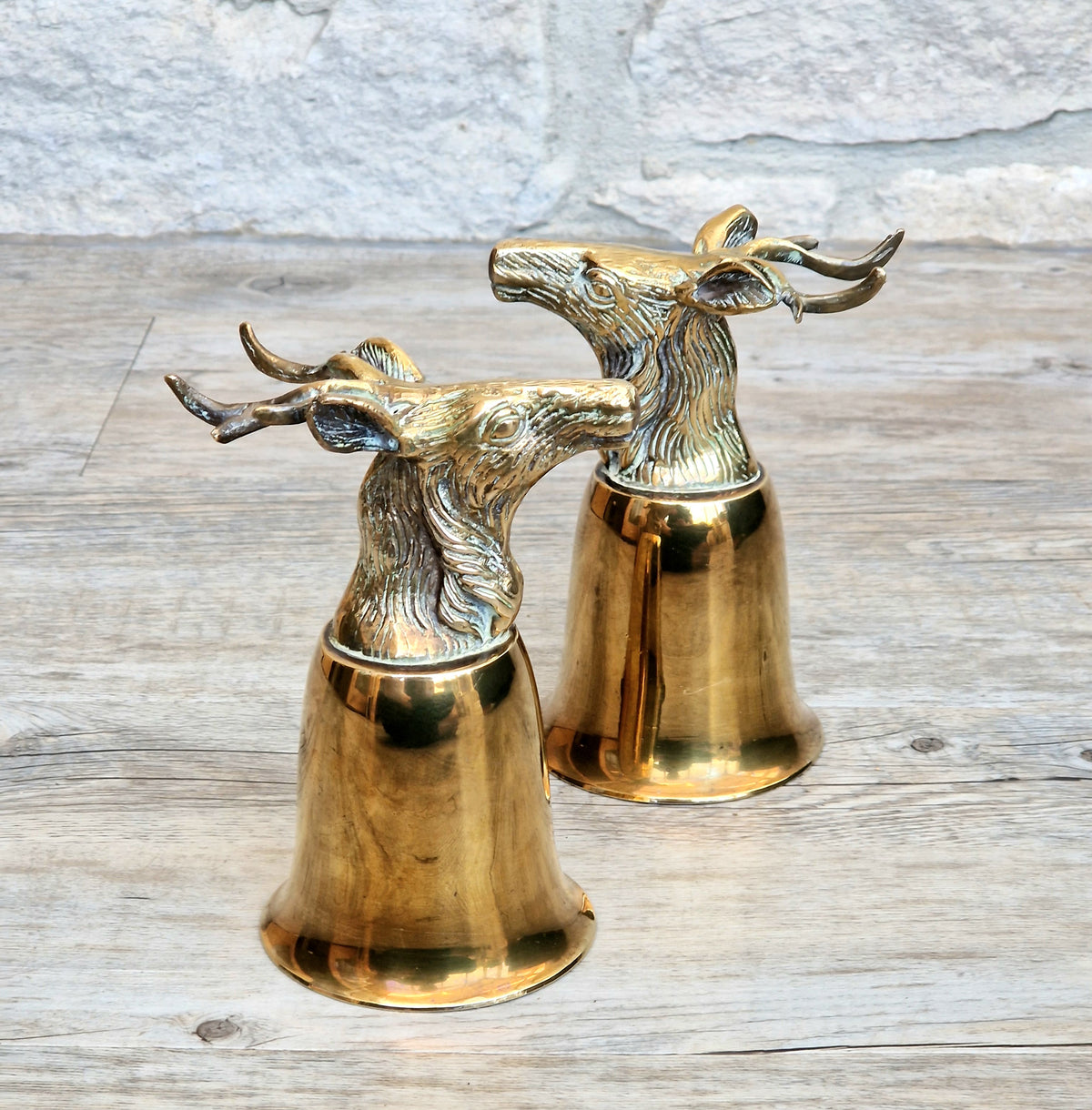Pair Vintage Brass Stag Stirrup Cups Silver Plated Interiors Naturally Patinated Hunting Barware 1970s